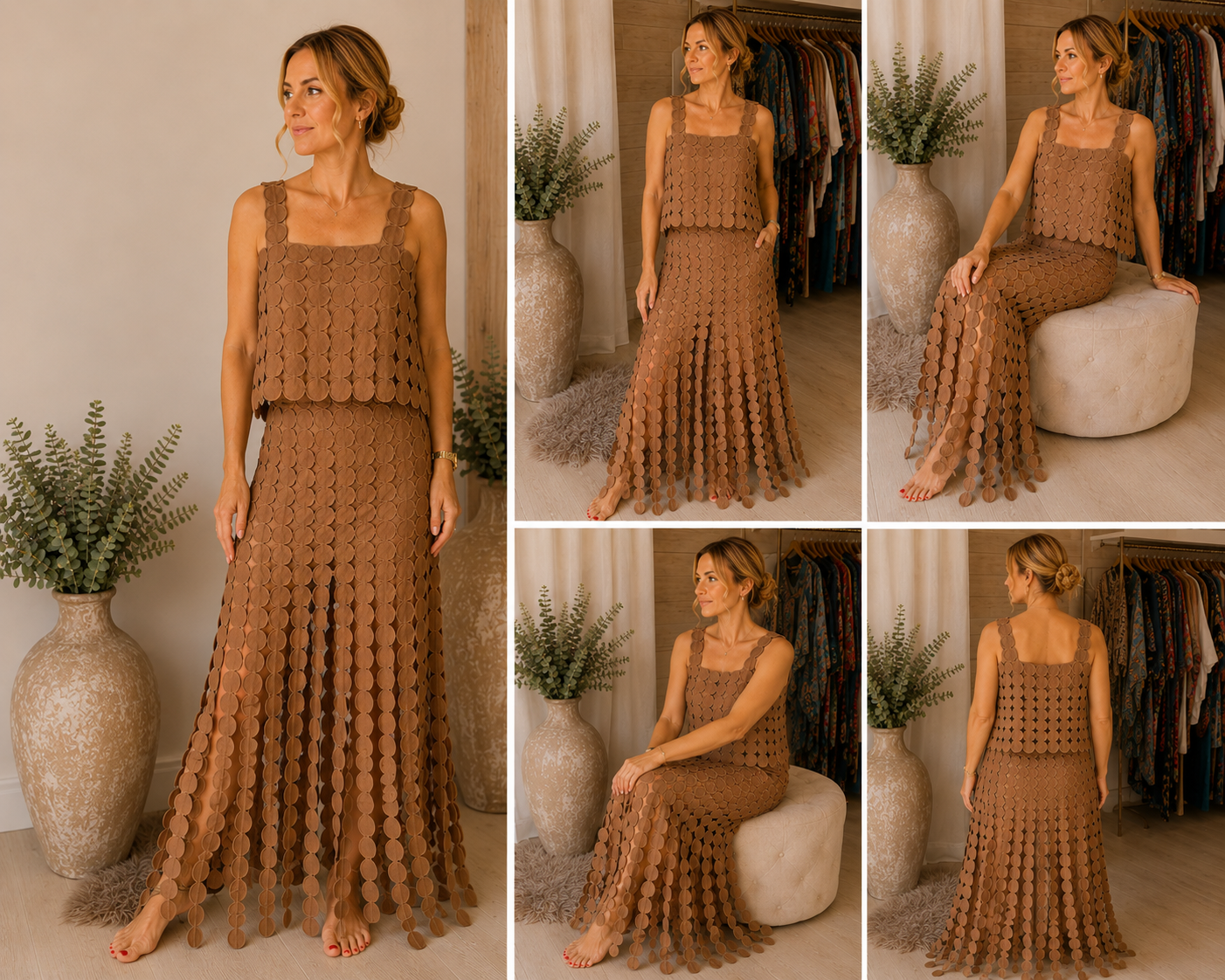 Disco Mocha Circle Disc Crop Top & Maxi Skirt Co-ord One Size 10-14