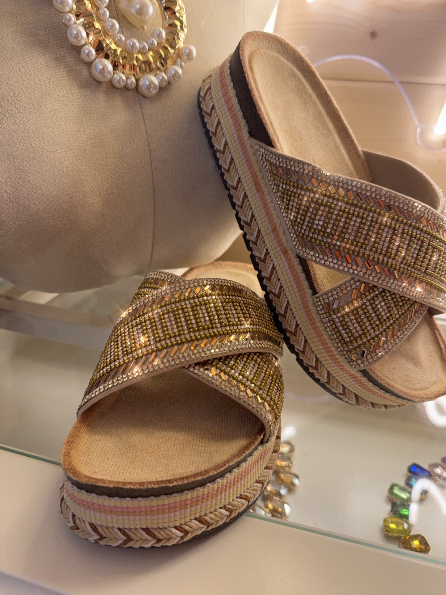 Golden Glow Embellished Platform Mules