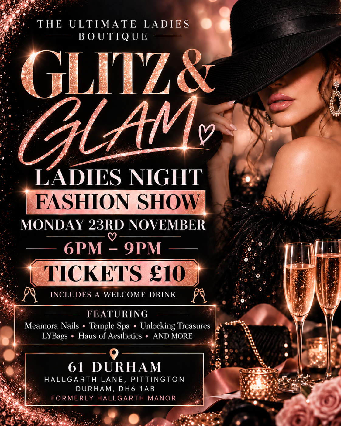 Glitz and Glam Ladies Night event ticket and promotional artwork