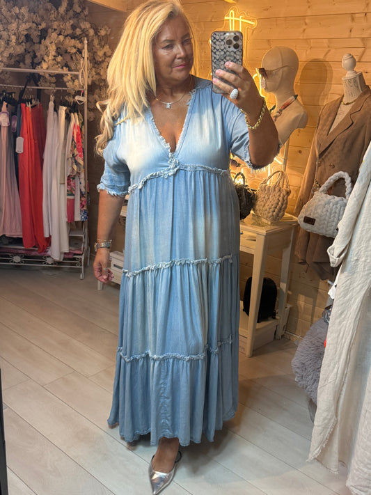 Riviera Denim Boho Tiered Maxi Dress | One Size 12-18