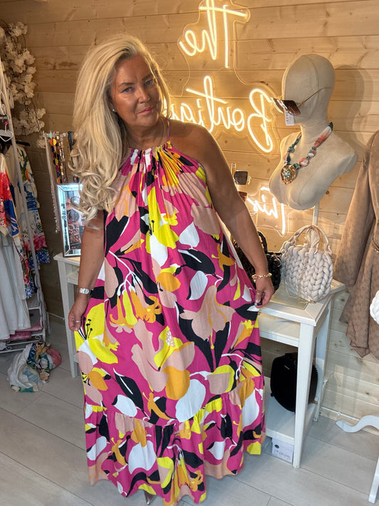 Magenta Abstract Floral Halterneck Maxi Dress | One Size 8-18