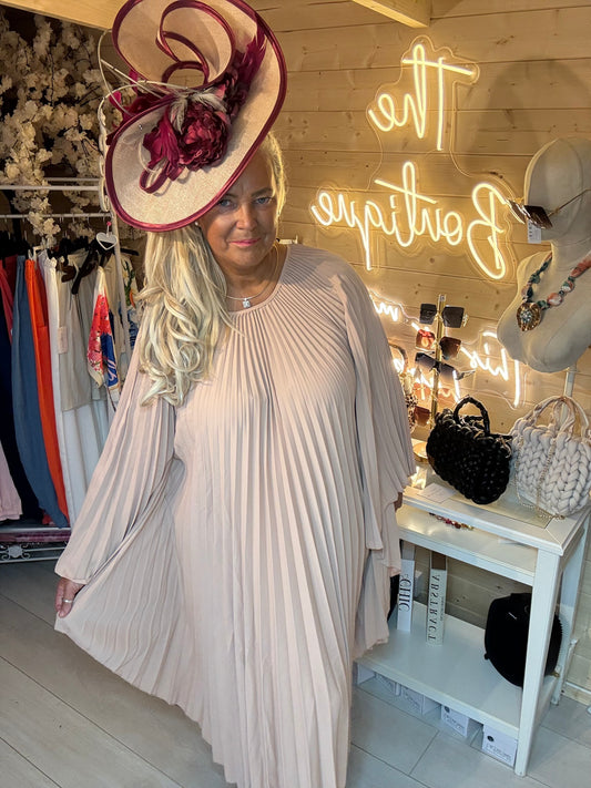 Ascot Mink Pleated Angel Sleeve Maxi Dress | One Size 8-22