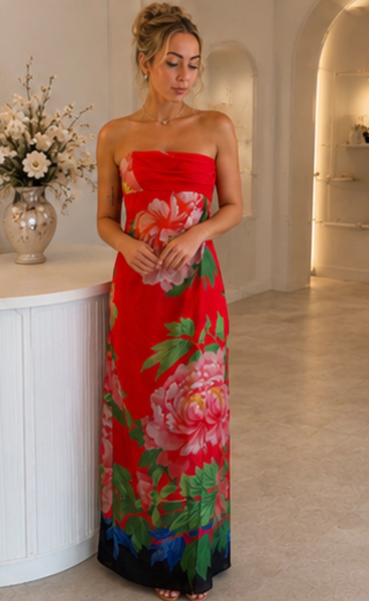 Lisha Red Peony Floral Strapless Maxi Dress Size 8