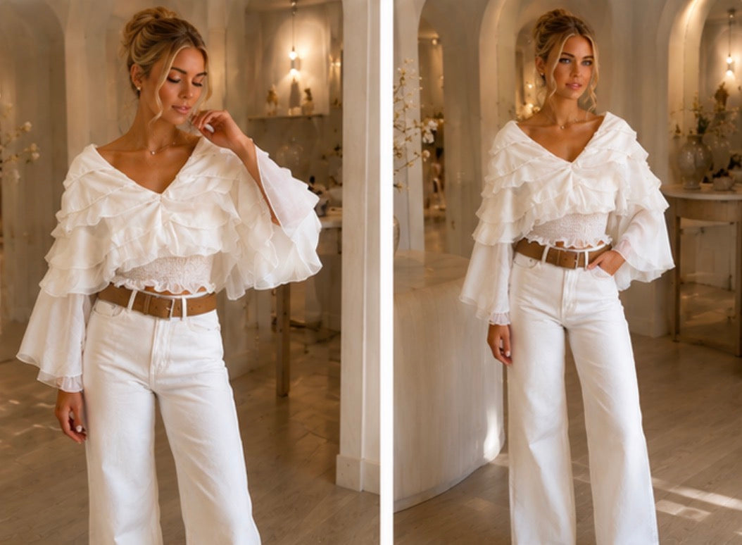 Cleo White Wide-Leg Jeans with Tan Belt S/M/L