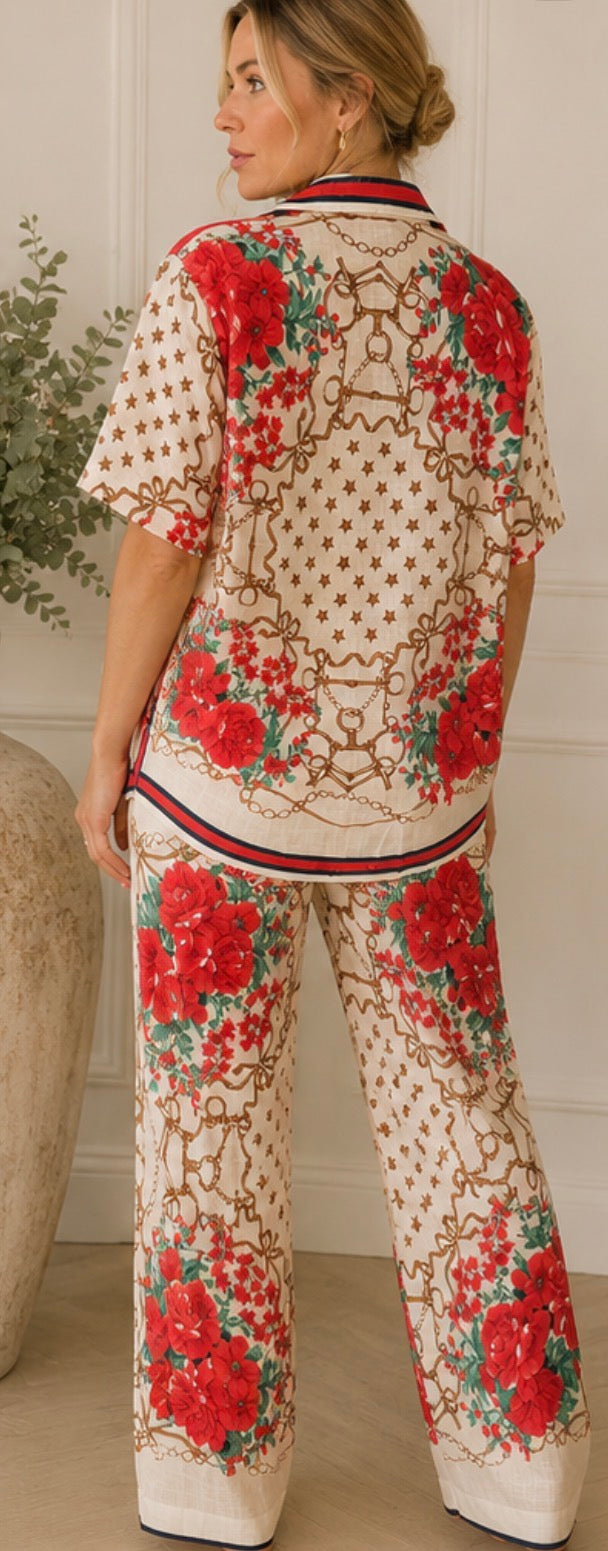 Fiore Red Rose & Gold Chain Print Co-ord Shirt & Wide-Leg Trousers One Size 8-16