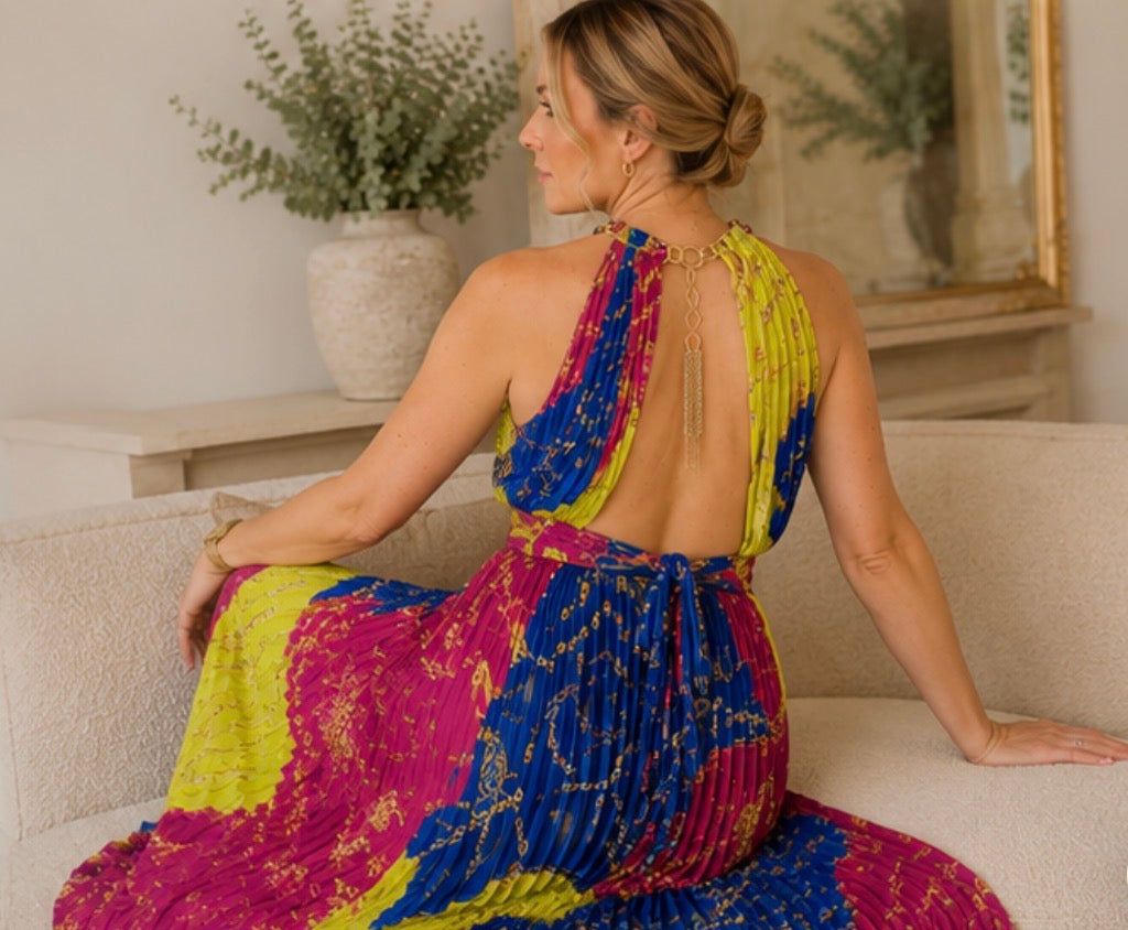 Capri Colour Block Chain Print Pleated Halterneck Maxi Dress One Size 8-14