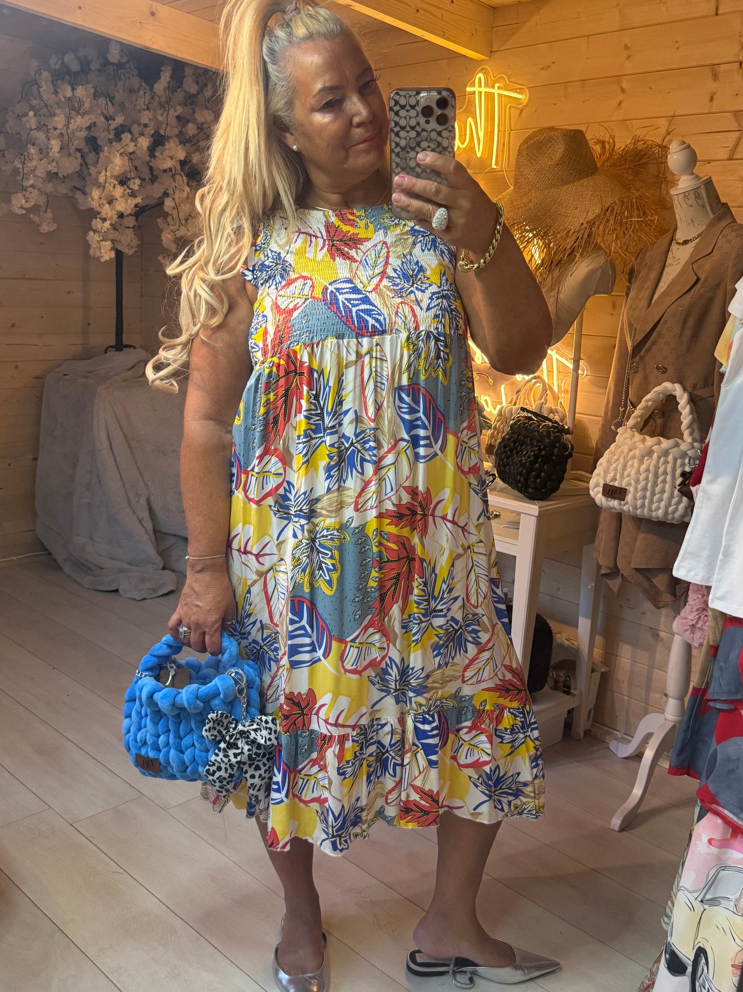 Tropez Tropical Print Smocked Tiered Midi Dress One Size 8-18