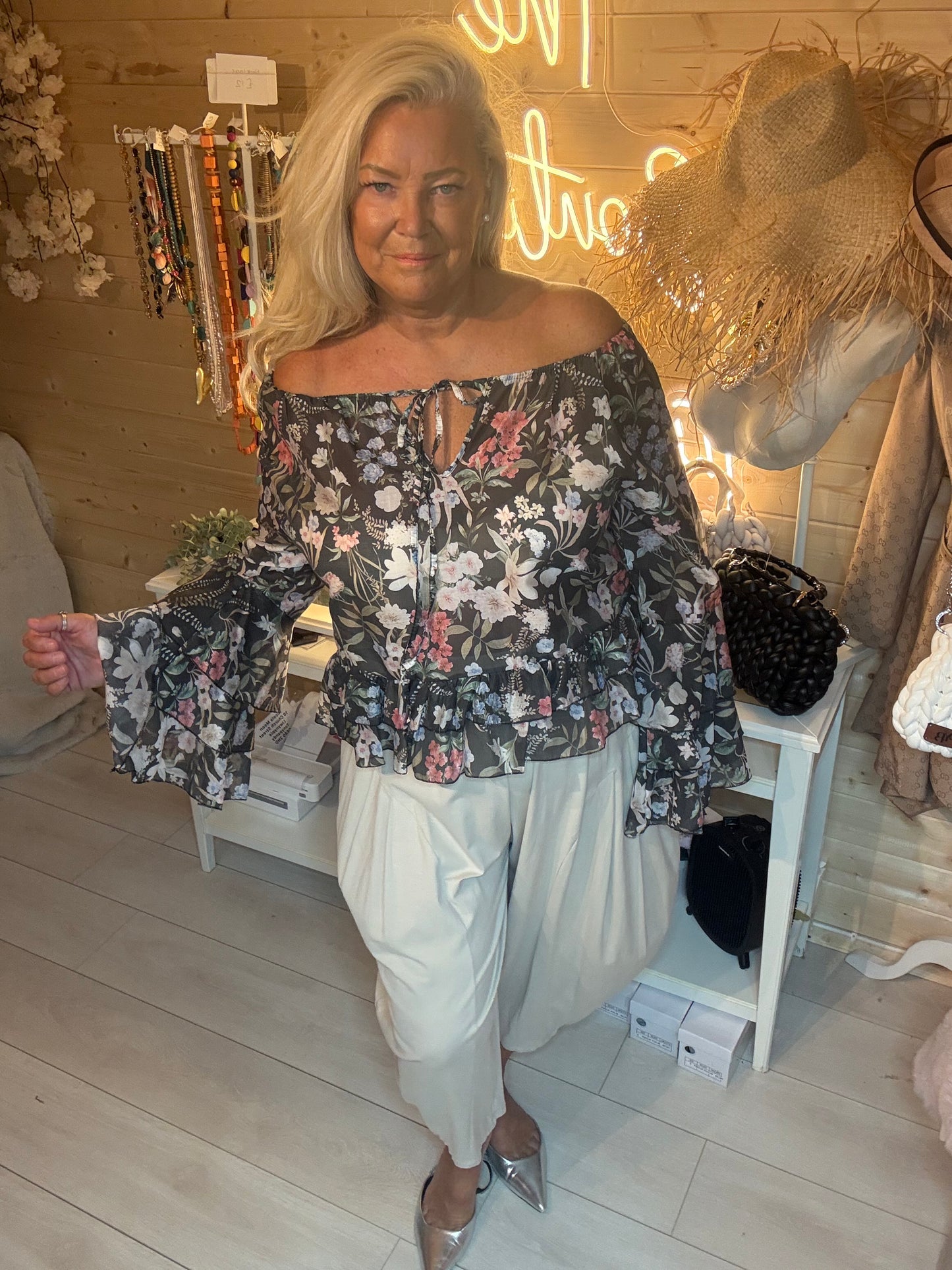 Florette Floral Ruffle Bell Sleeve Top One Size 8-18