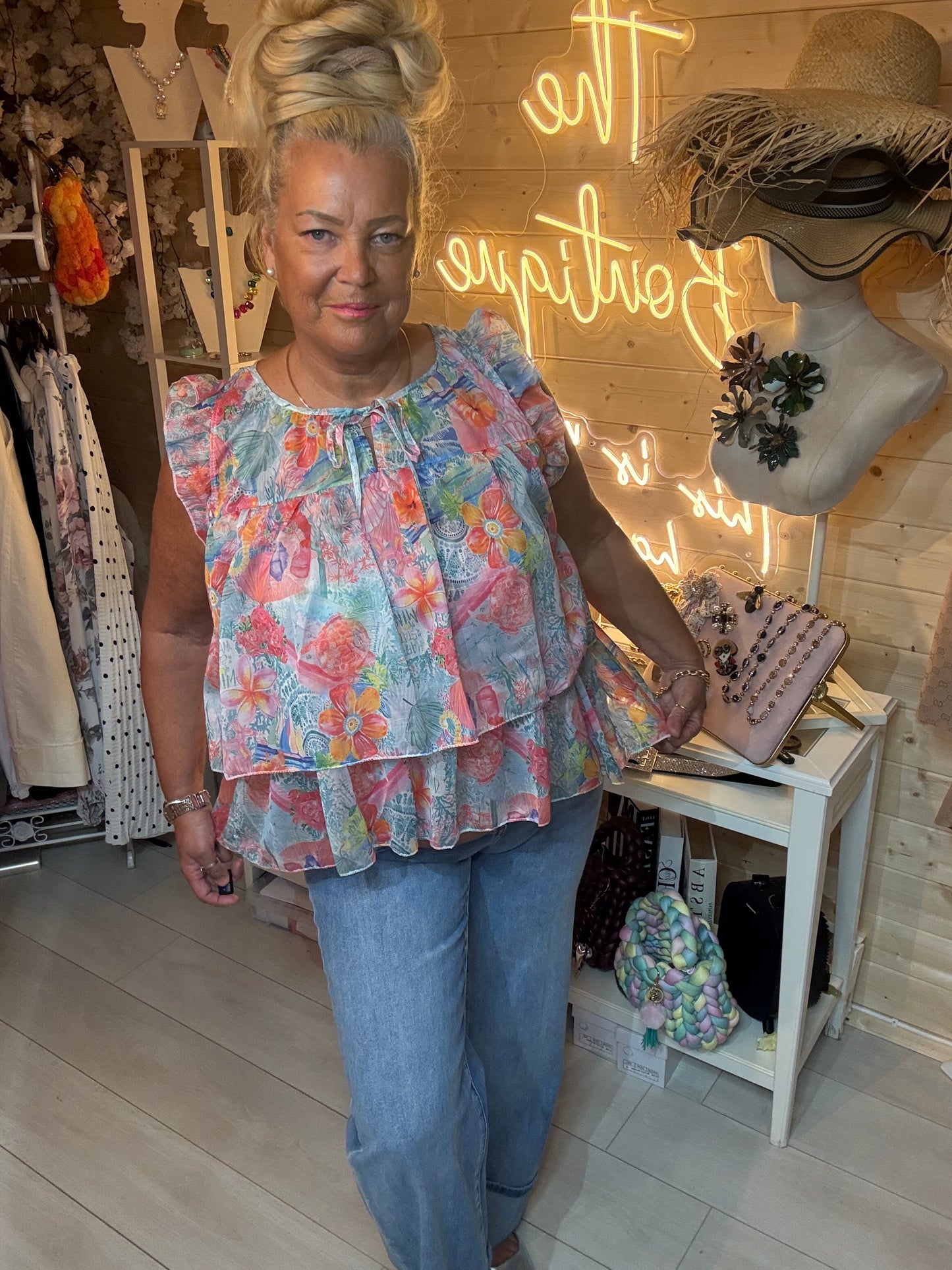 Flora tropical floral tiered blouse – relaxed fit one size women's summer top
