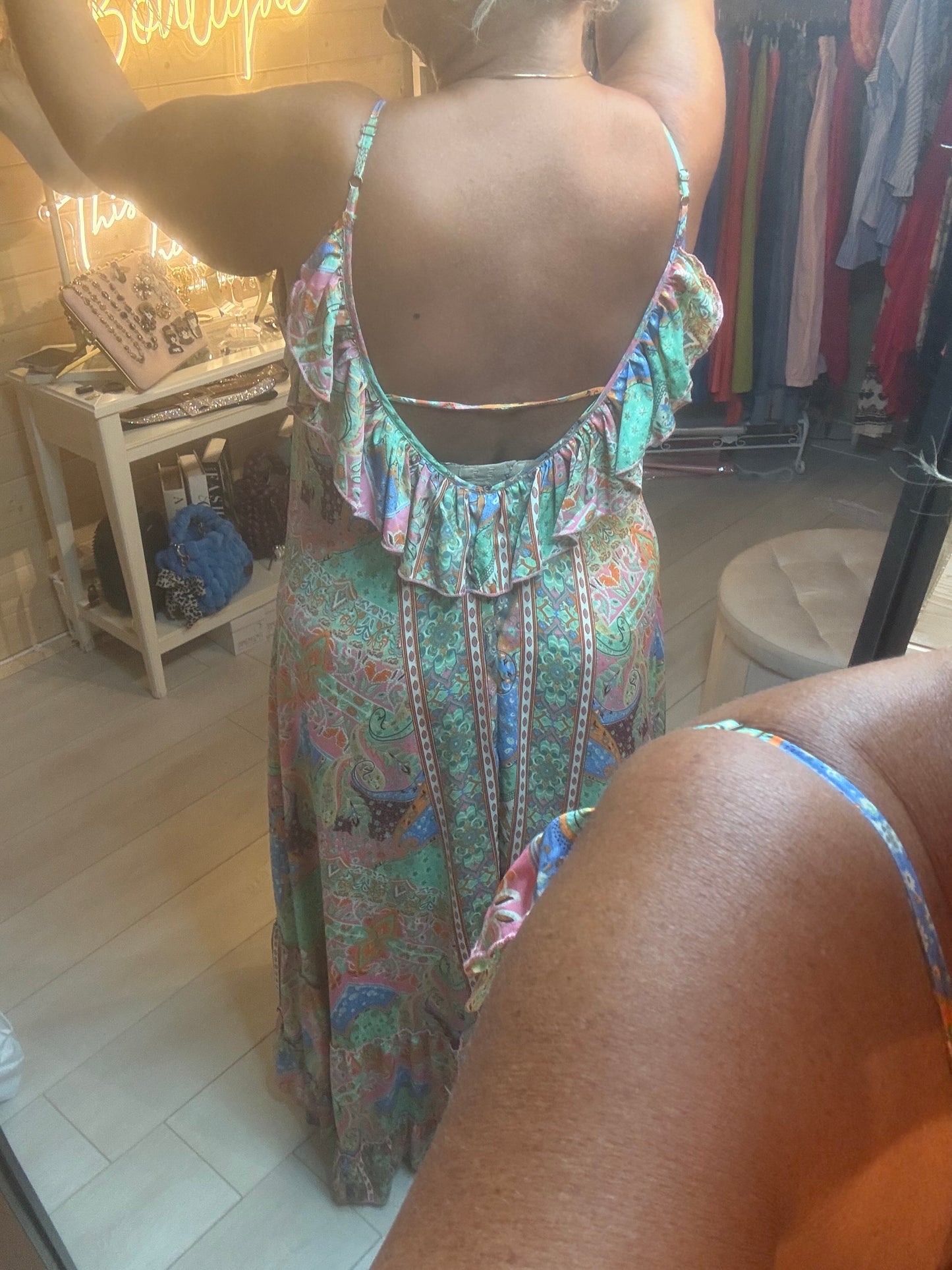 Persia Bohemian Paisley Tassel Maxi Dress - back view showing open ruffle back and spaghetti straps - One Size 8-16 - The Ultimate Ladies Boutique