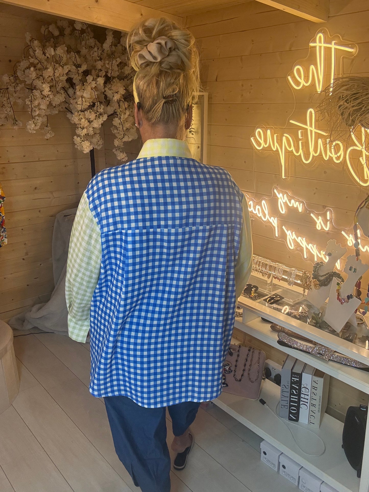 Marbella gingham shirt full length outfit view – one size women's boutique top