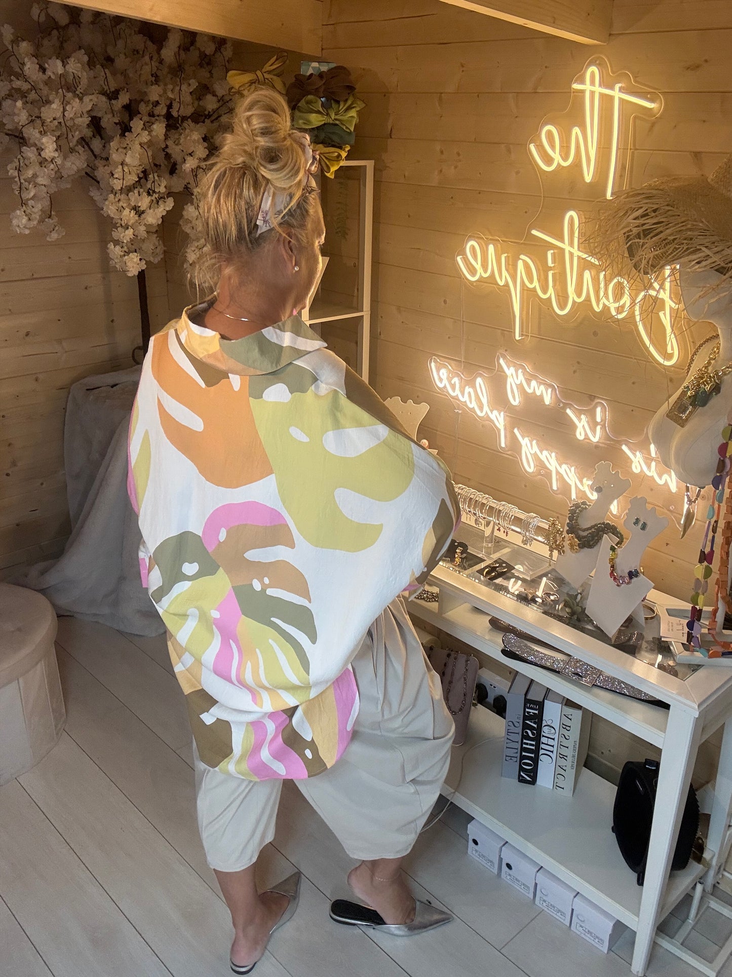 Havana abstract tropical print shirt styled with white trousers – boutique one size shirt