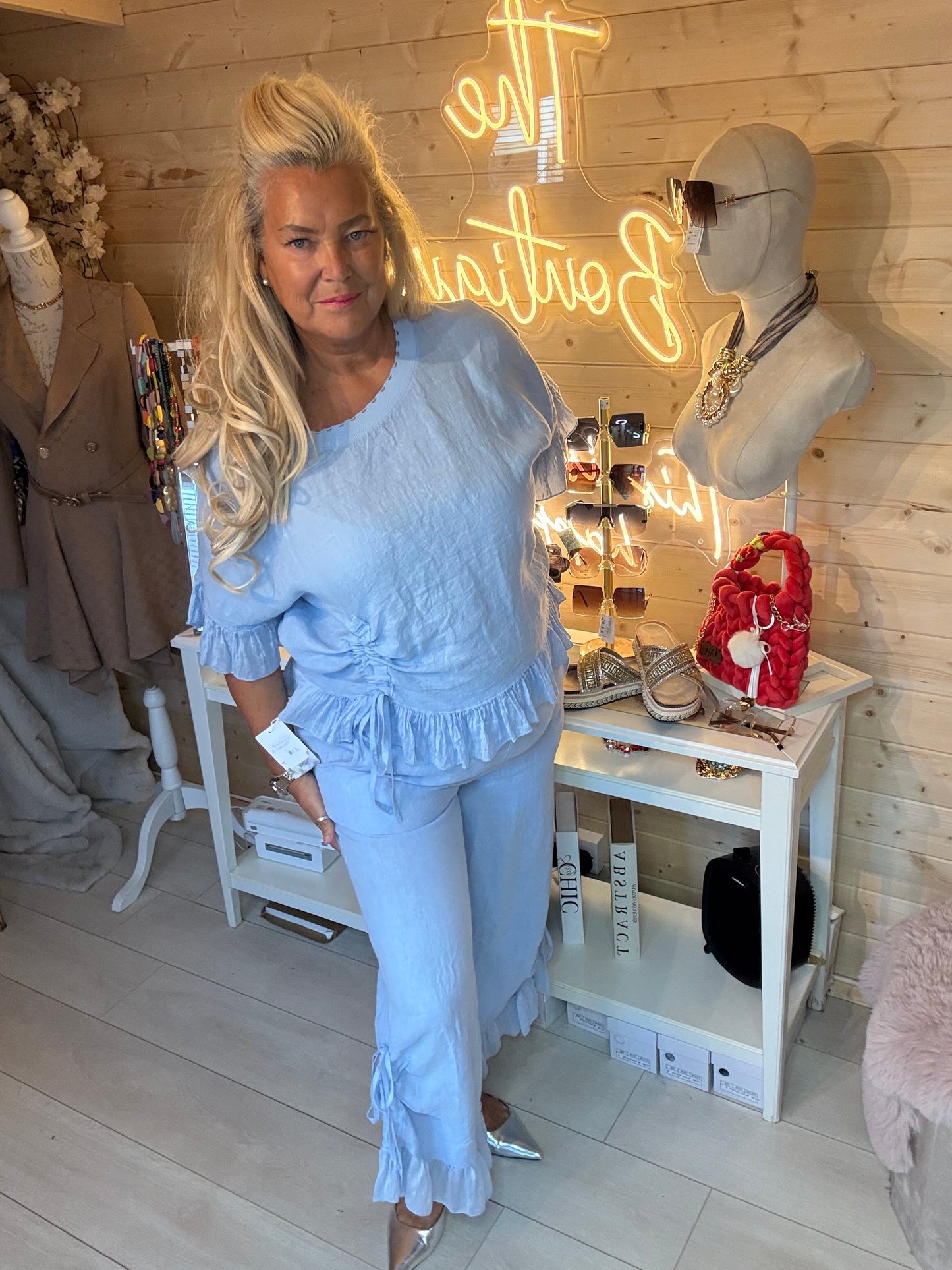 Sky Shimmer Ruffle Drawstring Linen Top | One Size 8-16 (Small 18)