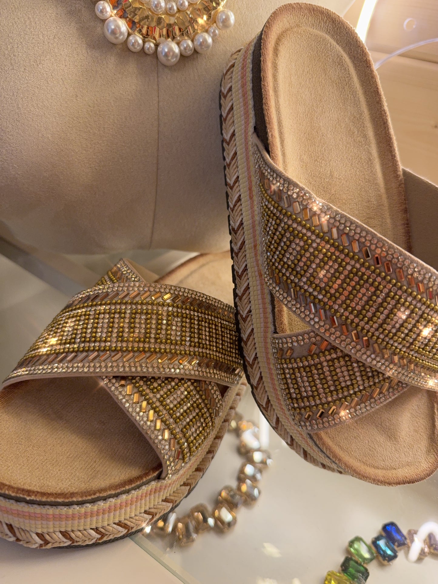 Golden Glow Embellished Platform Mules