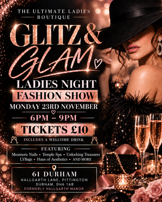 Glitz and Glam Ladies Night event ticket and promotional artwork