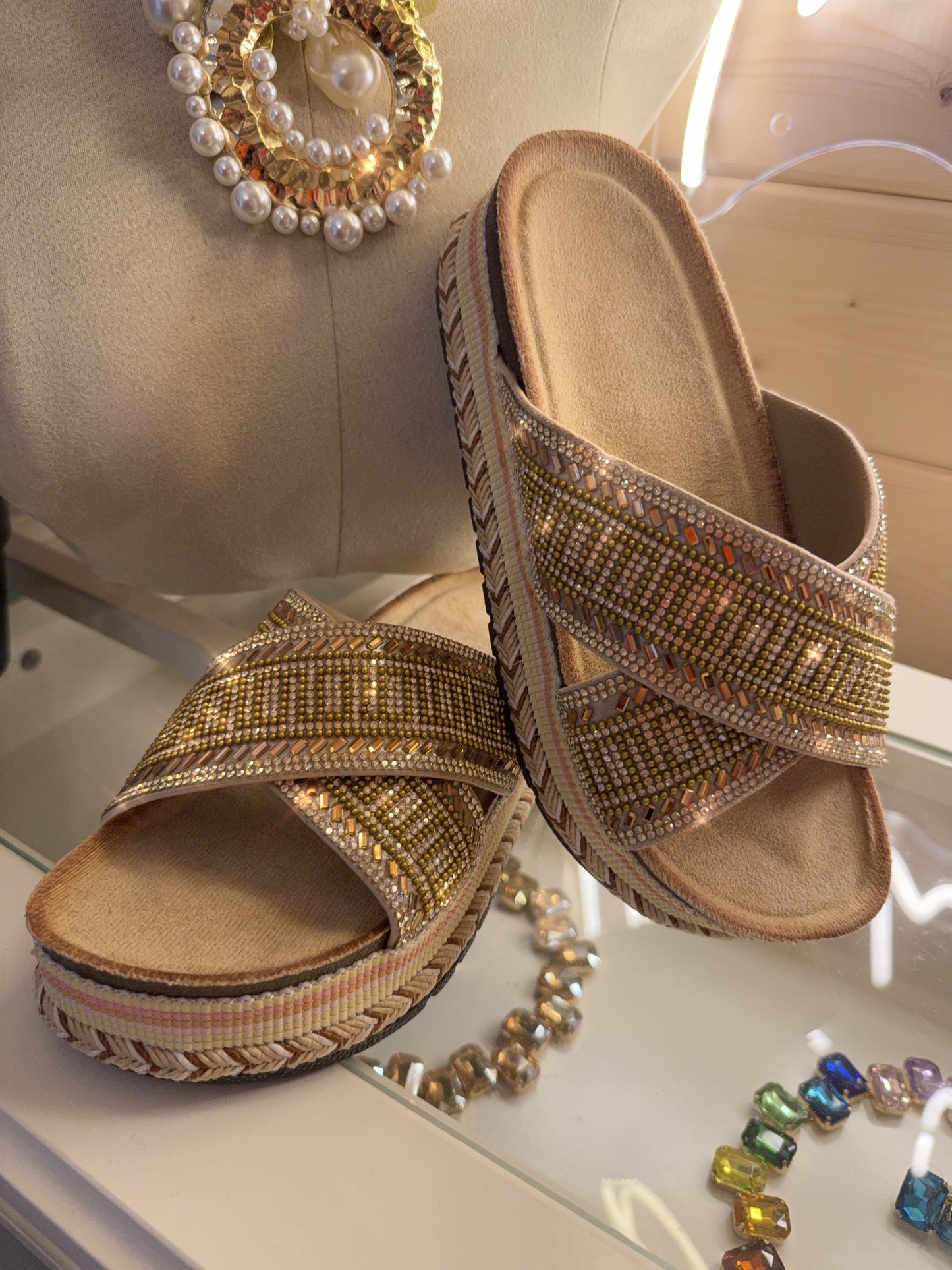Golden Glow Embellished Platform Mules