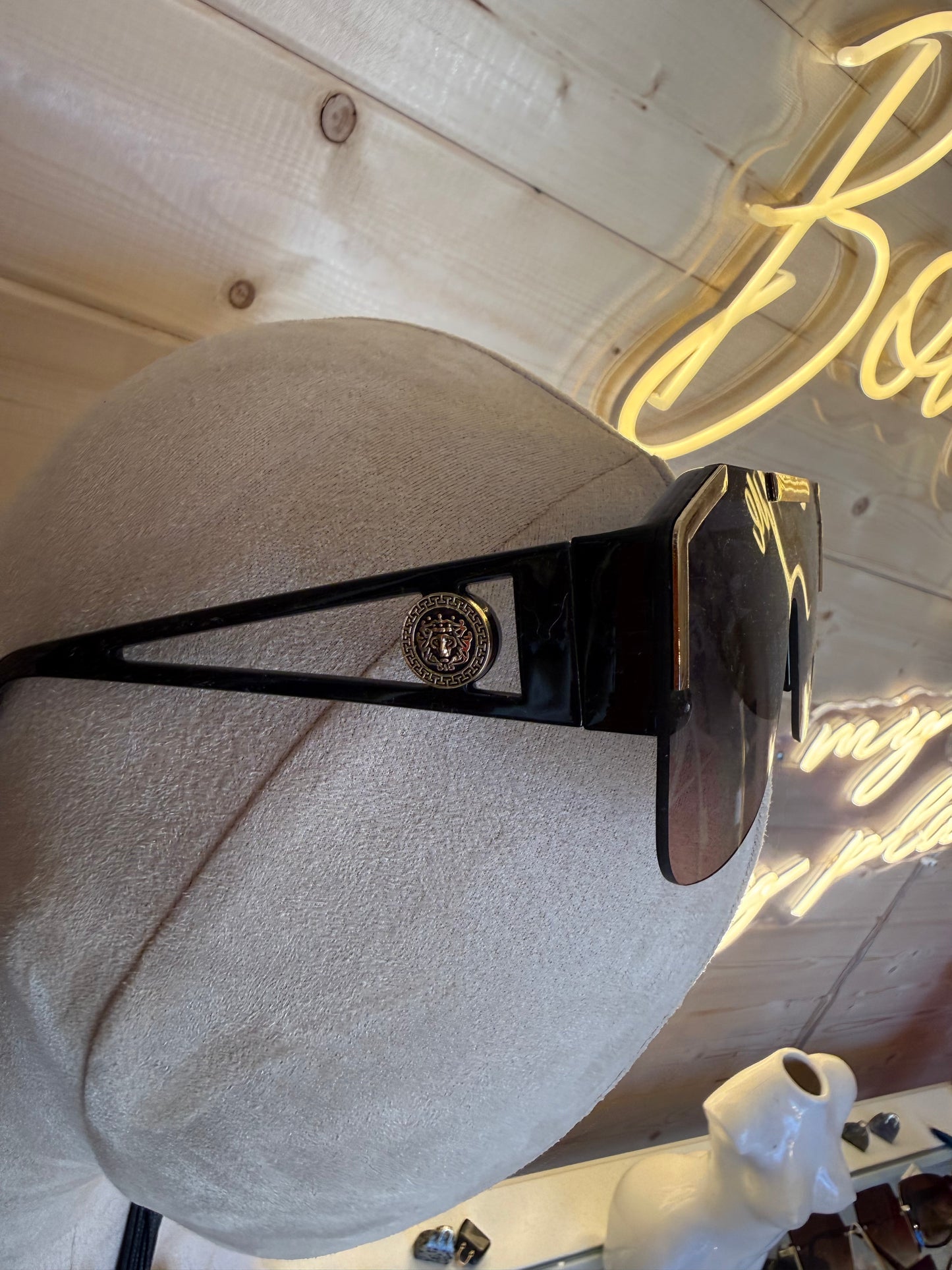 Oversized Shield Sunglasses – Black & Gold Medusa