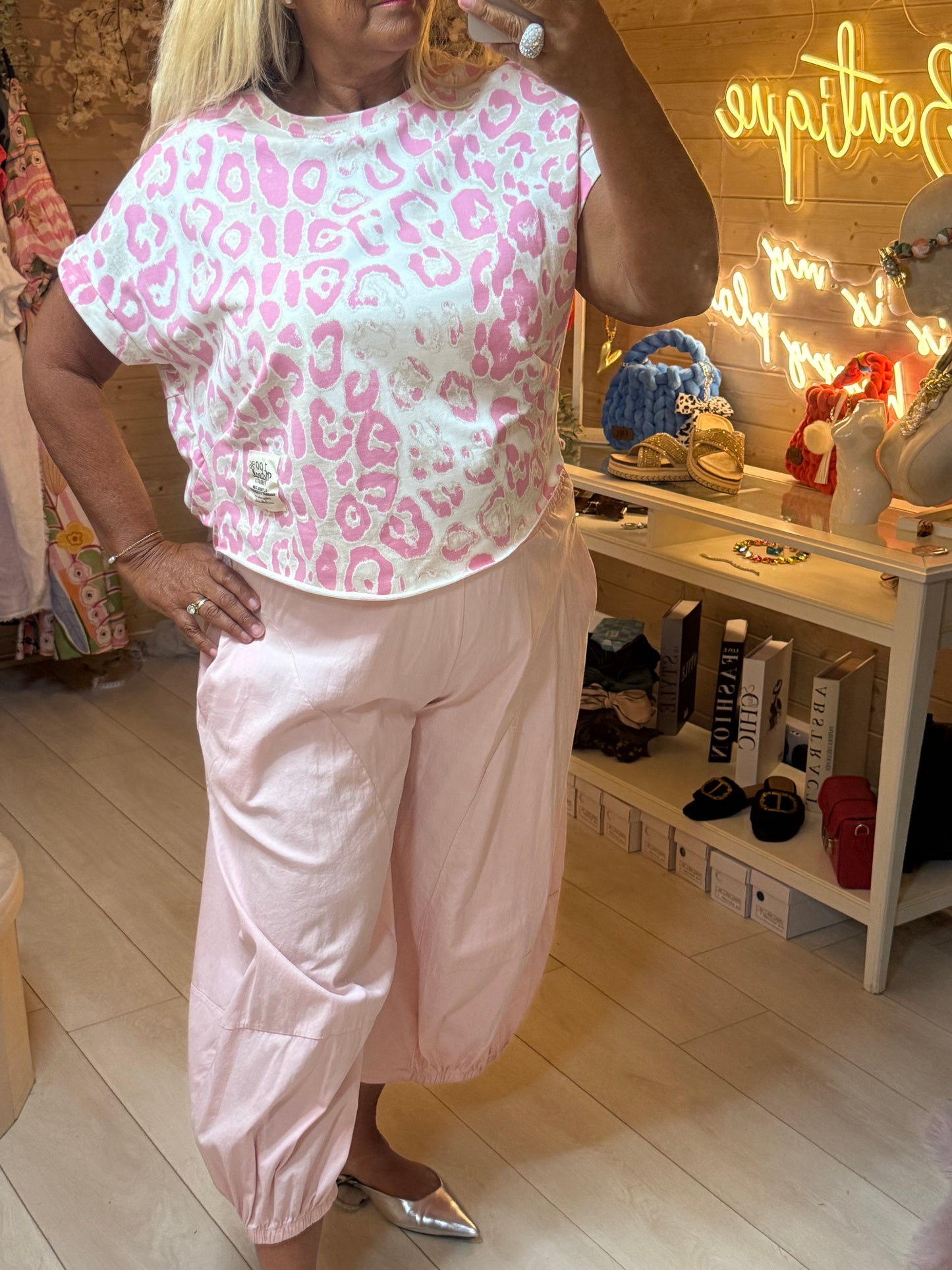 Pink Boom Trousers close up 