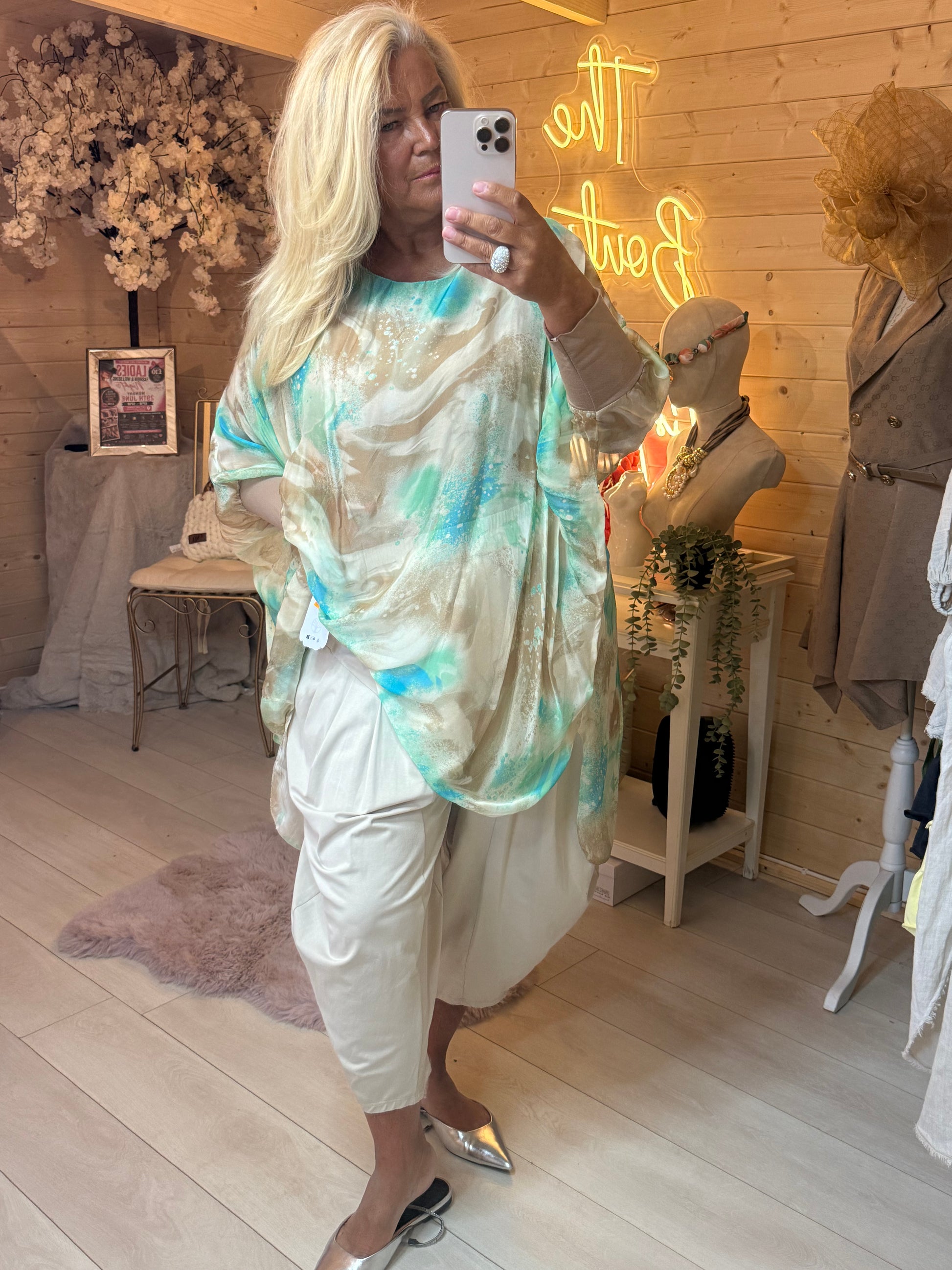 Aqua marble print batwing top close up print detail
