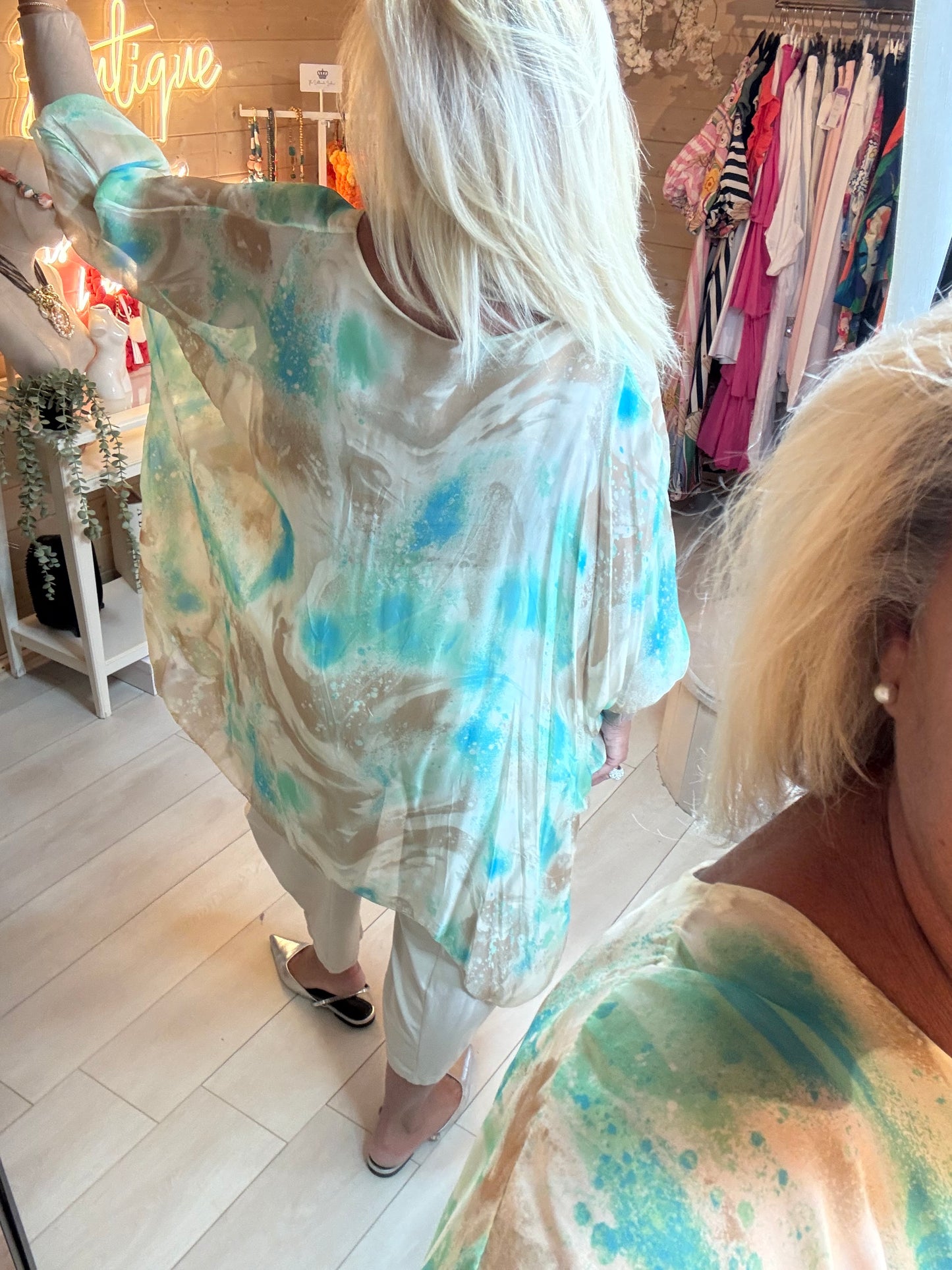 Aqua marble print batwing oversized top full back view