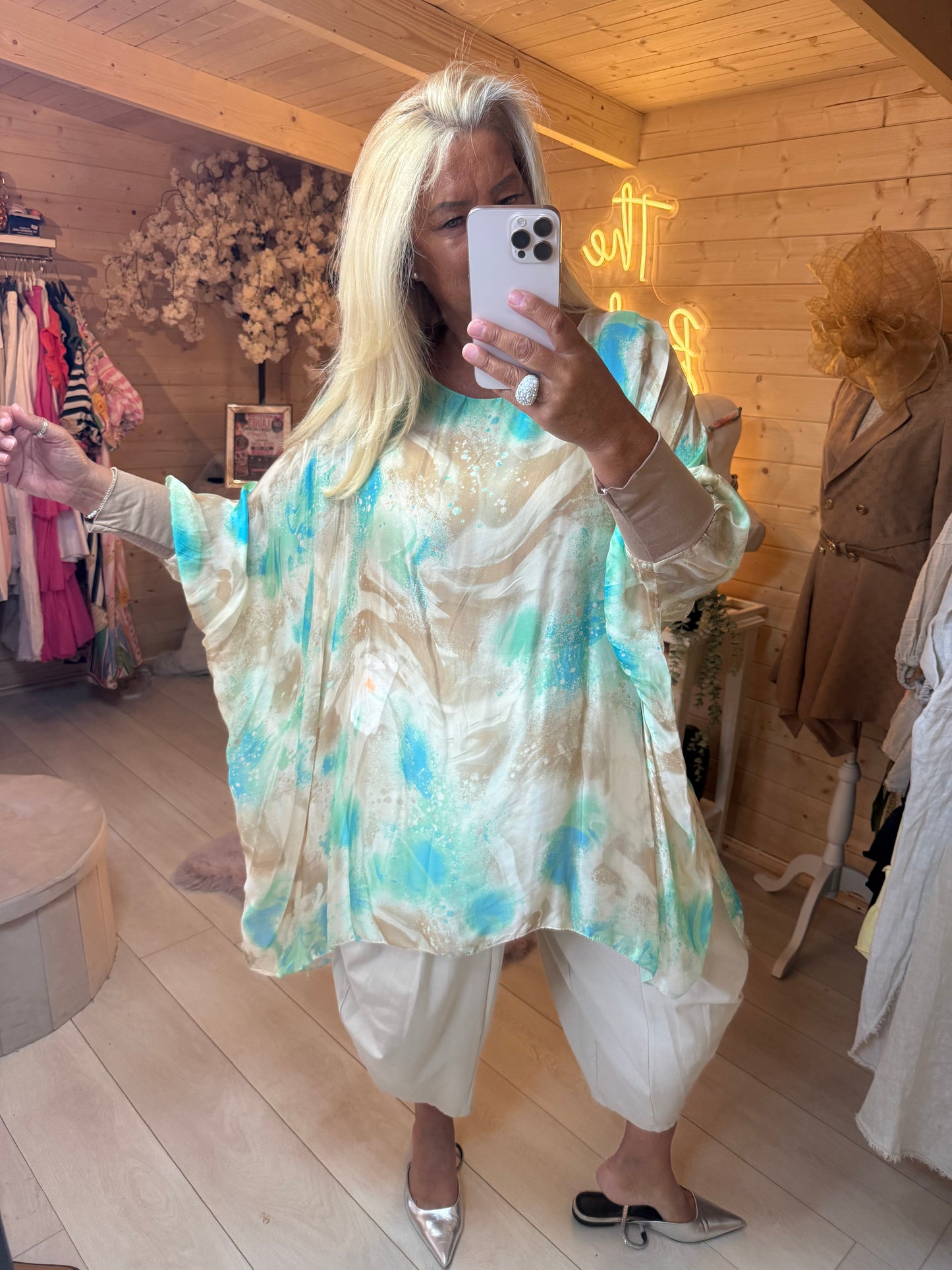 Aqua marble print batwing top wide sleeve detail
Image 6: