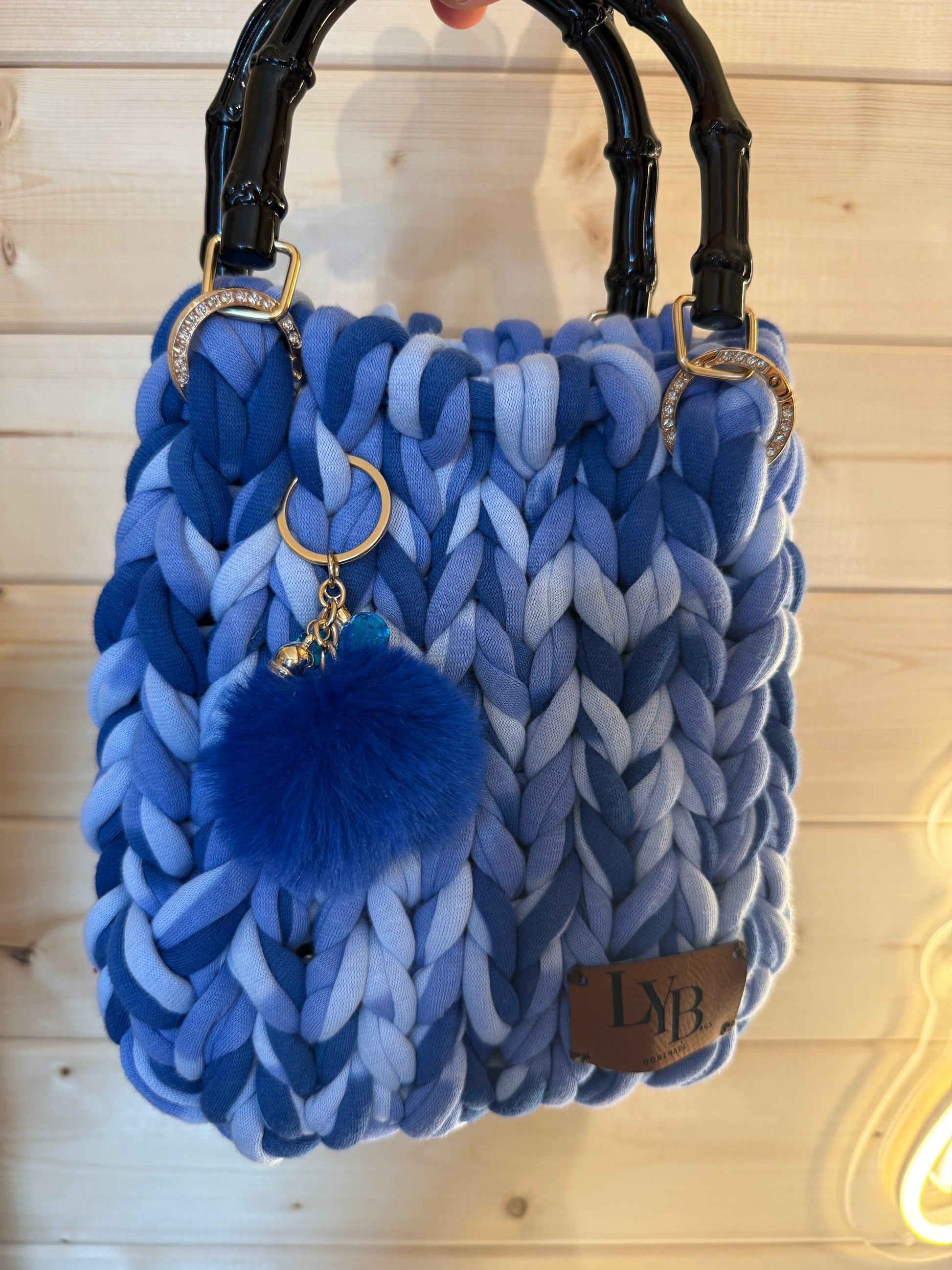 Azure ombré chunky knit bamboo tote bag front view showing navy and periwinkle blue weave