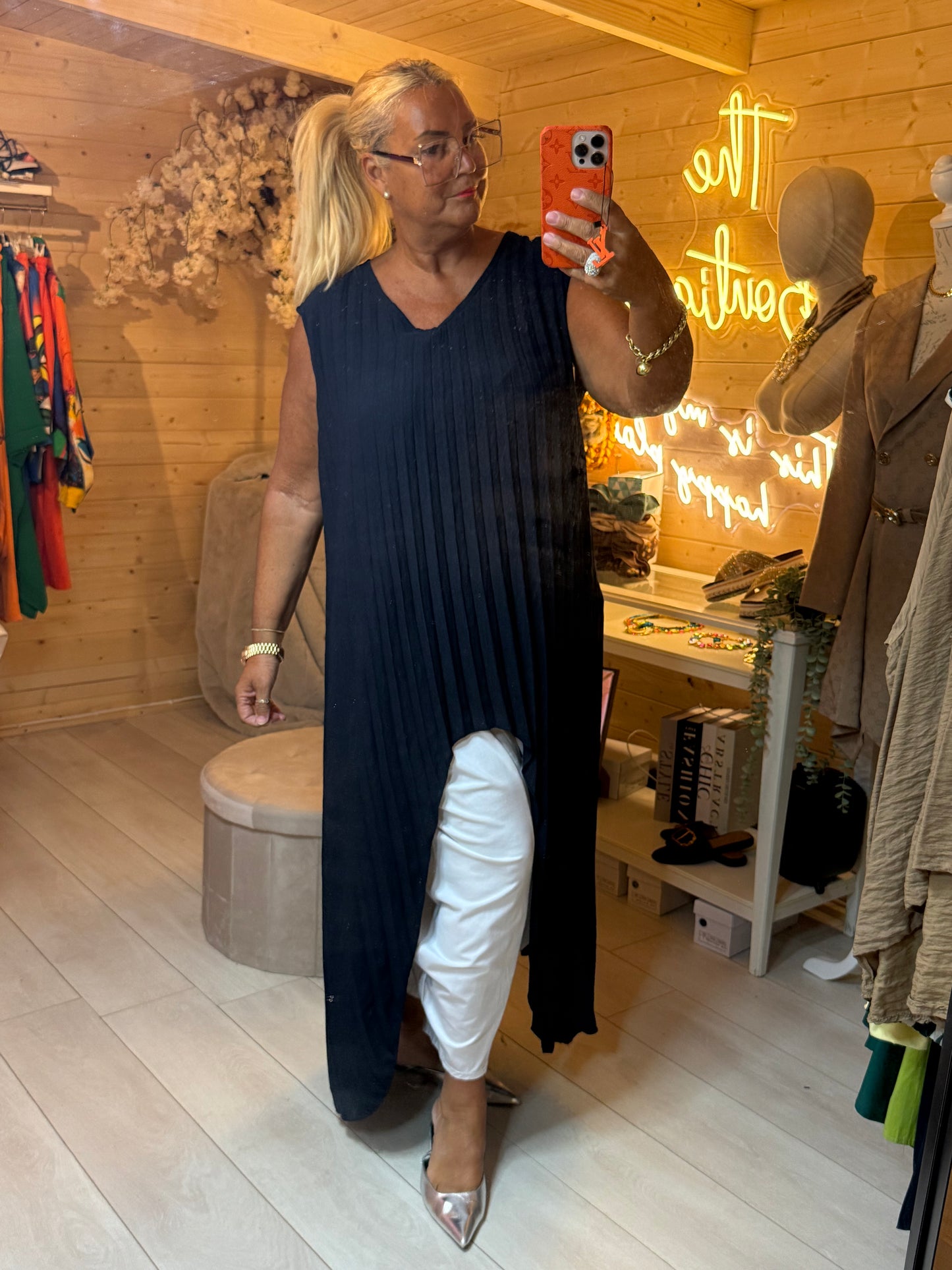 Mally Top | Curvy Pleated Longline | Navy | One Size 12-24