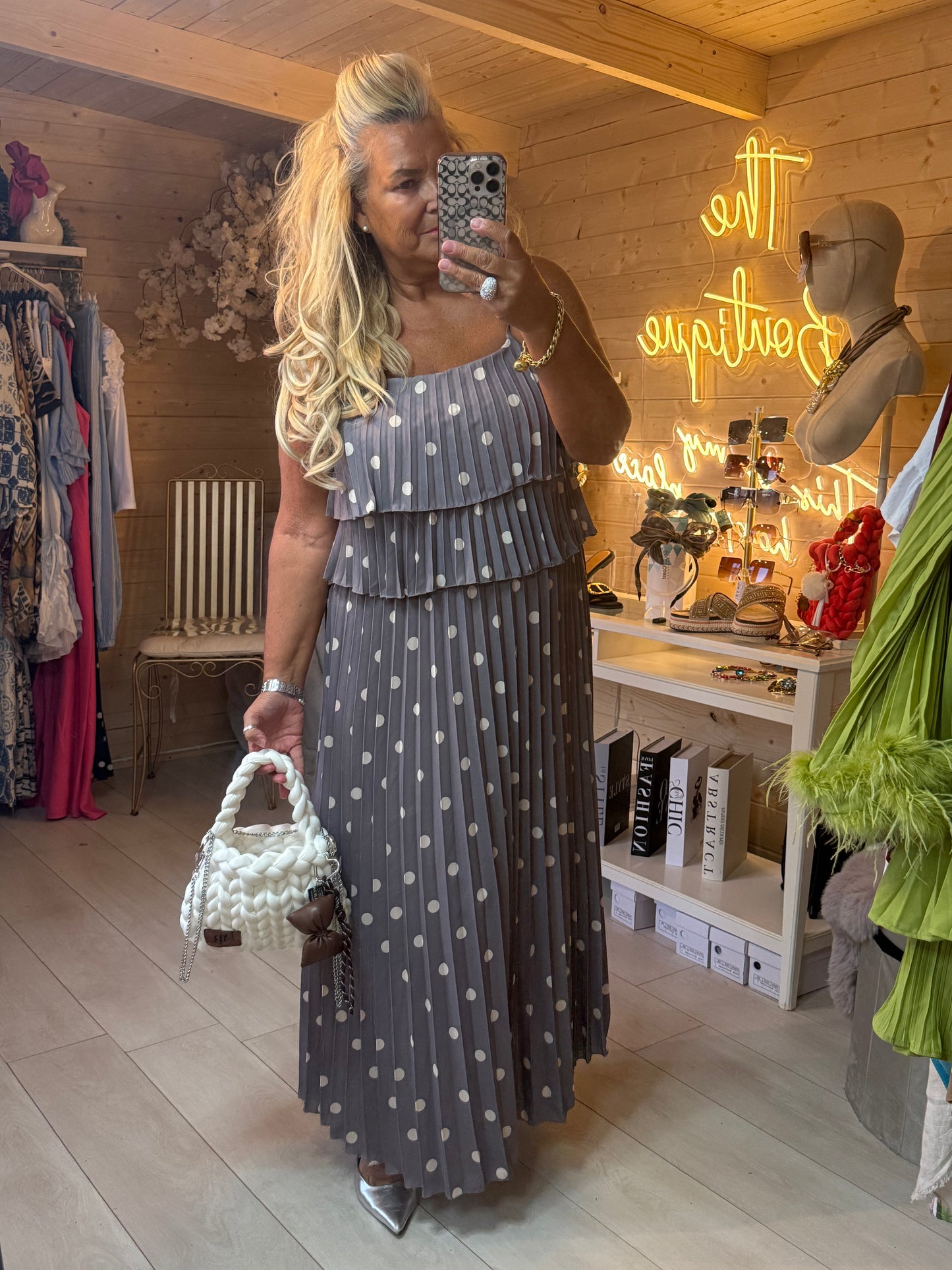 Polka Dot Pleated Ruffle Maxi Dress | One Size 8-16