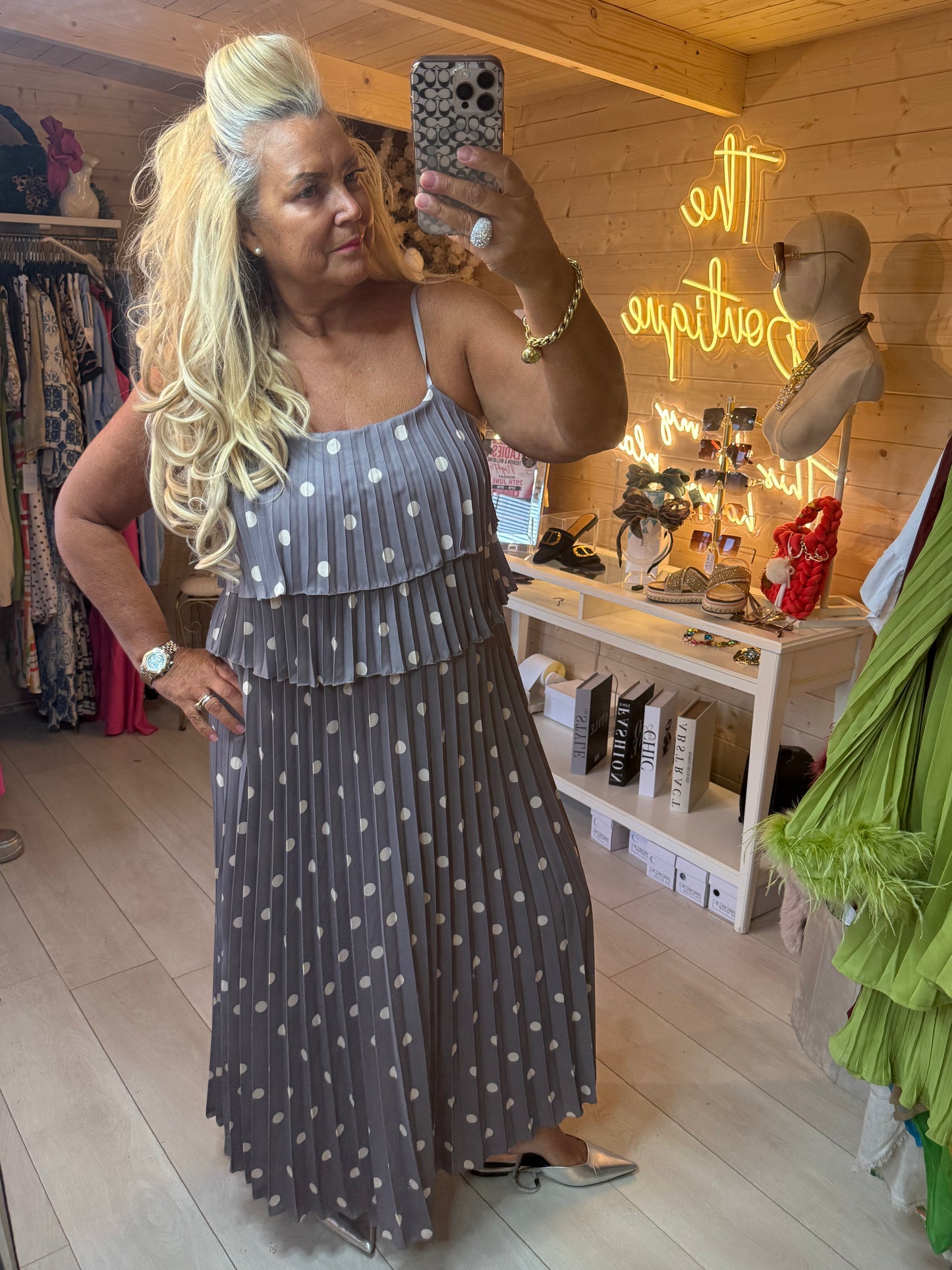 Polka Dot Pleated Ruffle Maxi Dress | One Size 8-16