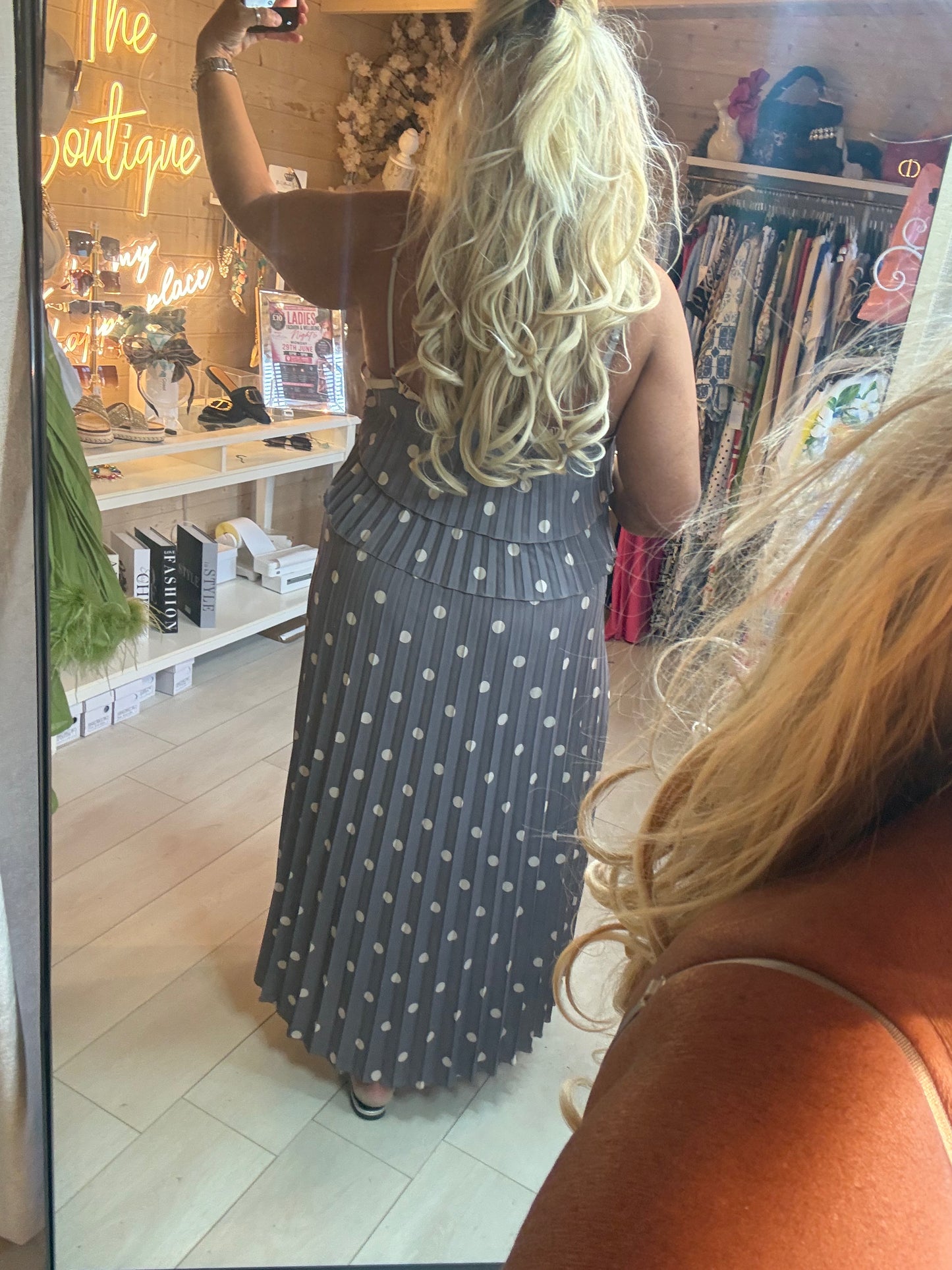 Polka Dot Pleated Ruffle Maxi Dress | One Size 8-16