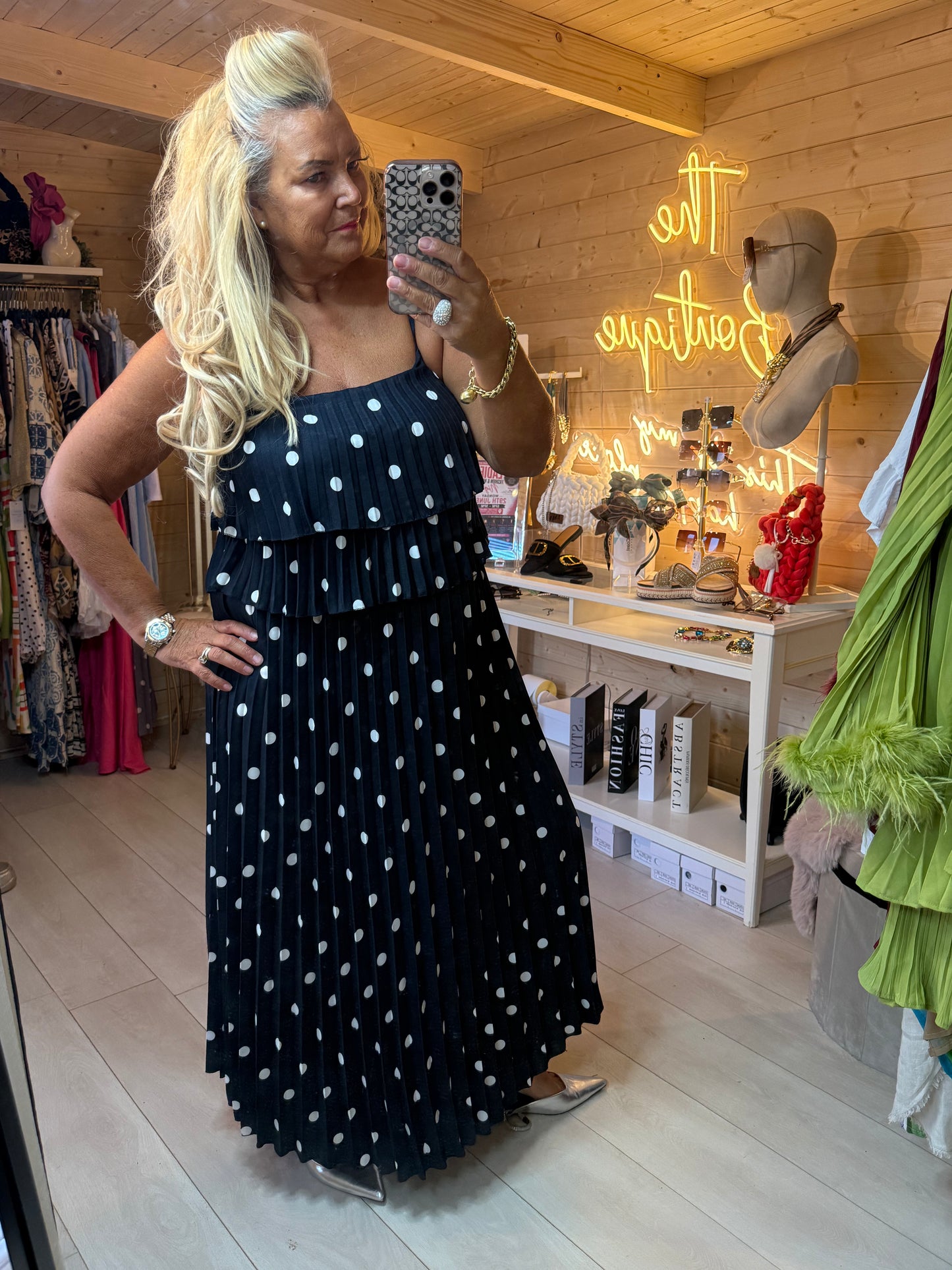 Polka Dot Pleated Ruffle Maxi Dress | One Size 8-16