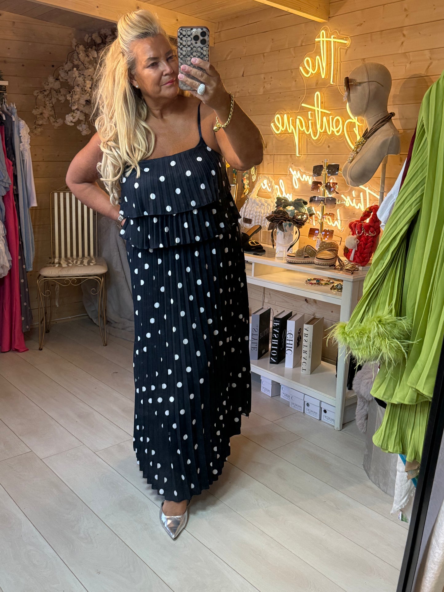 Polka Dot Pleated Ruffle Maxi Dress | One Size 8-16