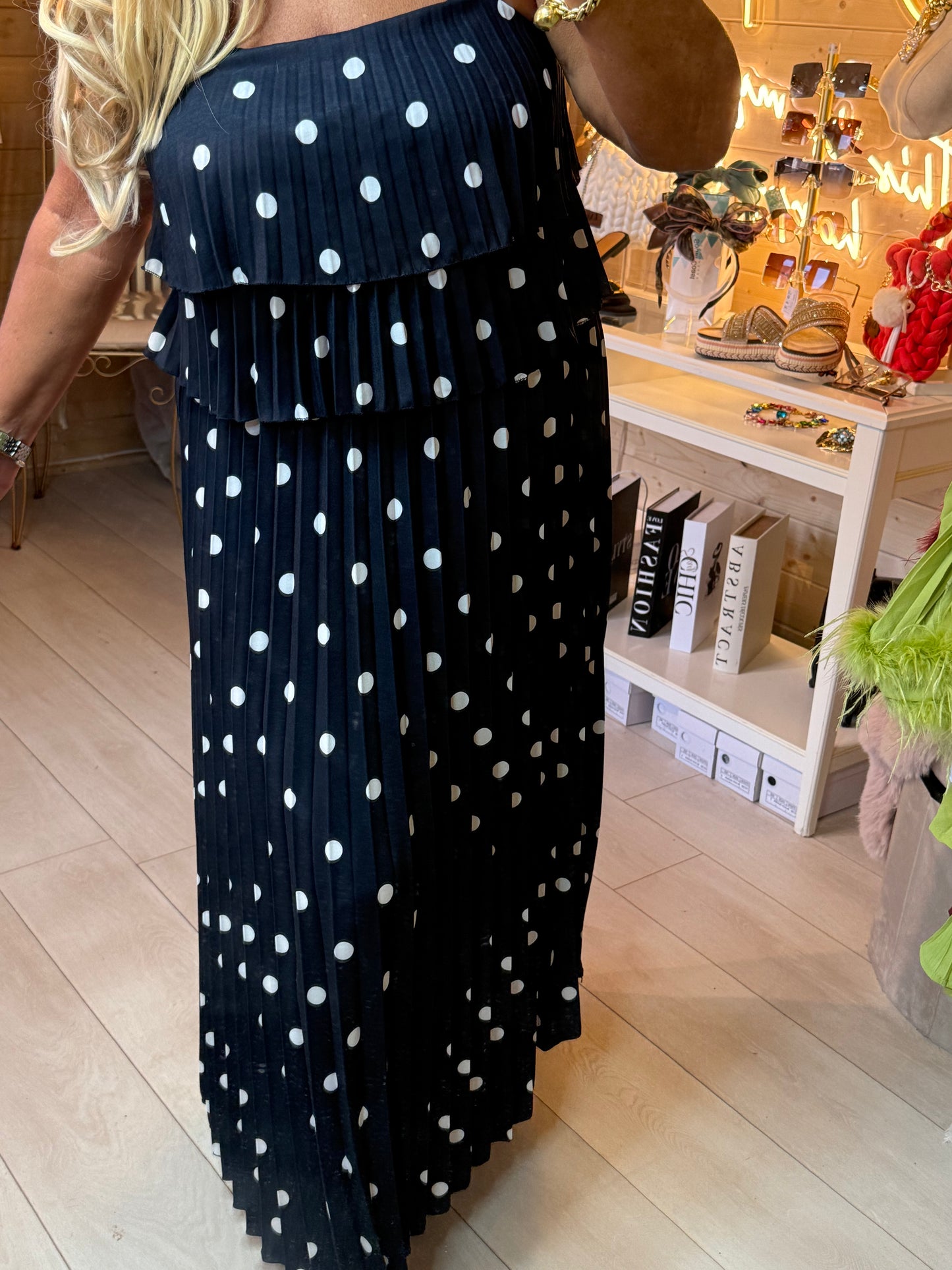Polka Dot Pleated Ruffle Maxi Dress | One Size 8-16