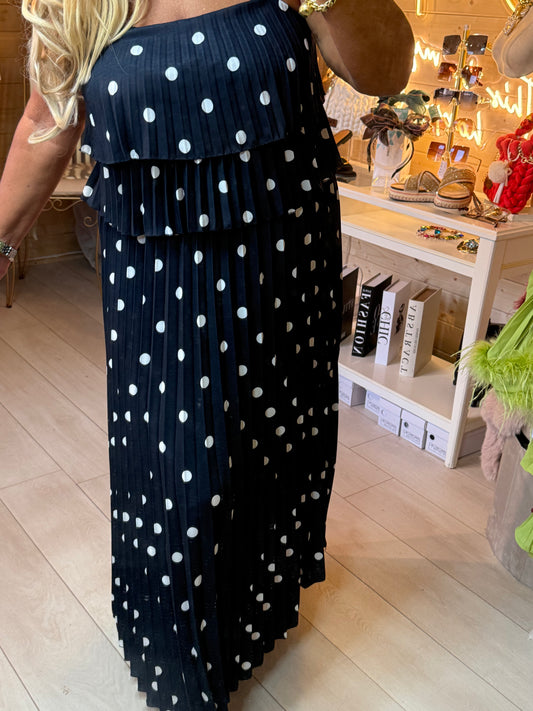 Polka Dot Pleated Ruffle Maxi Dress | One Size 8-16