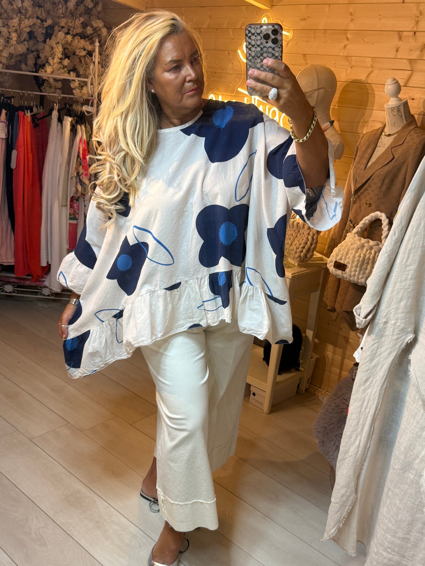 Capella Navy Floral Ruffle Top | One Size 12-22