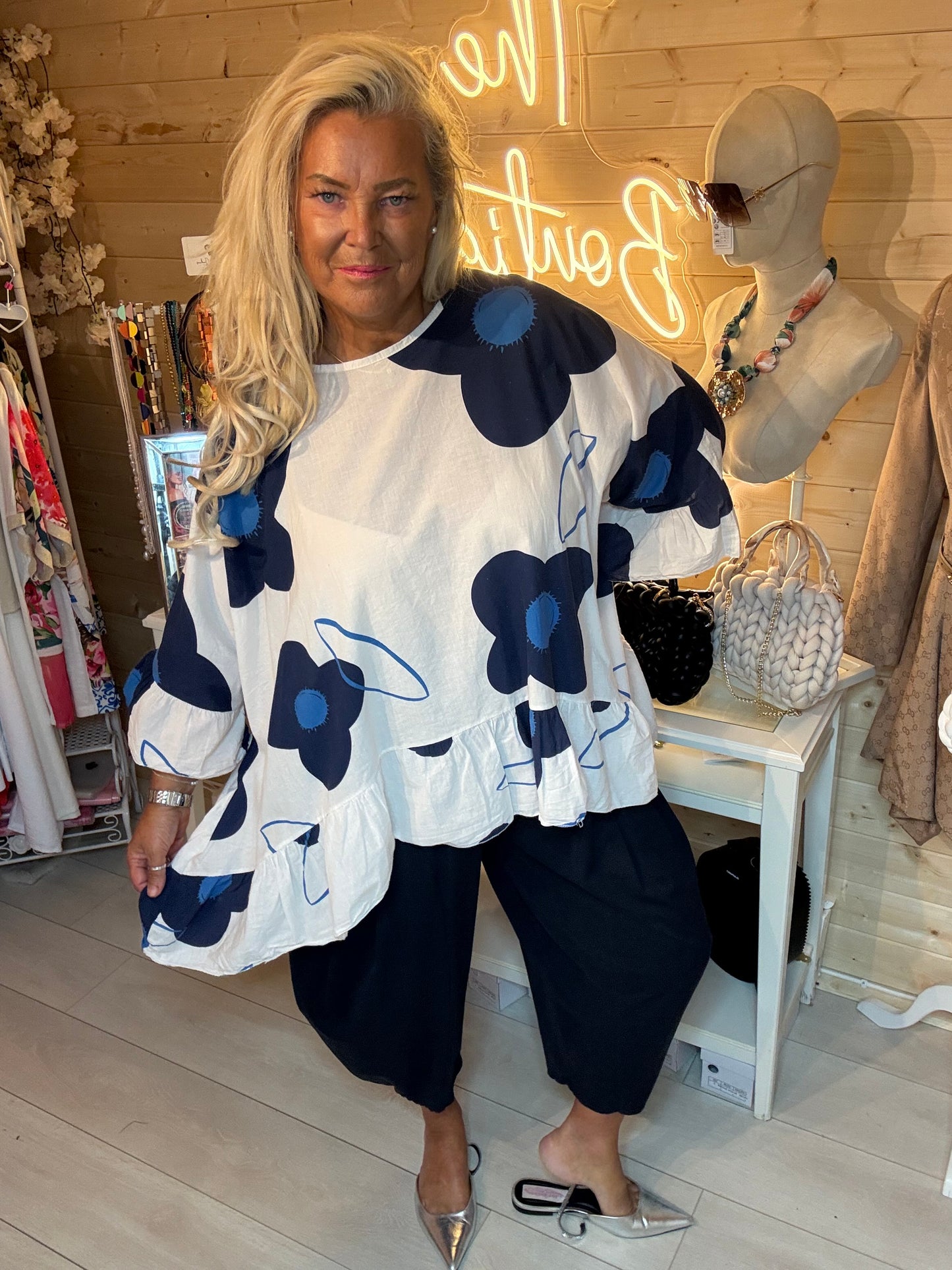 Capella Navy Floral Ruffle Top | One Size 12-22