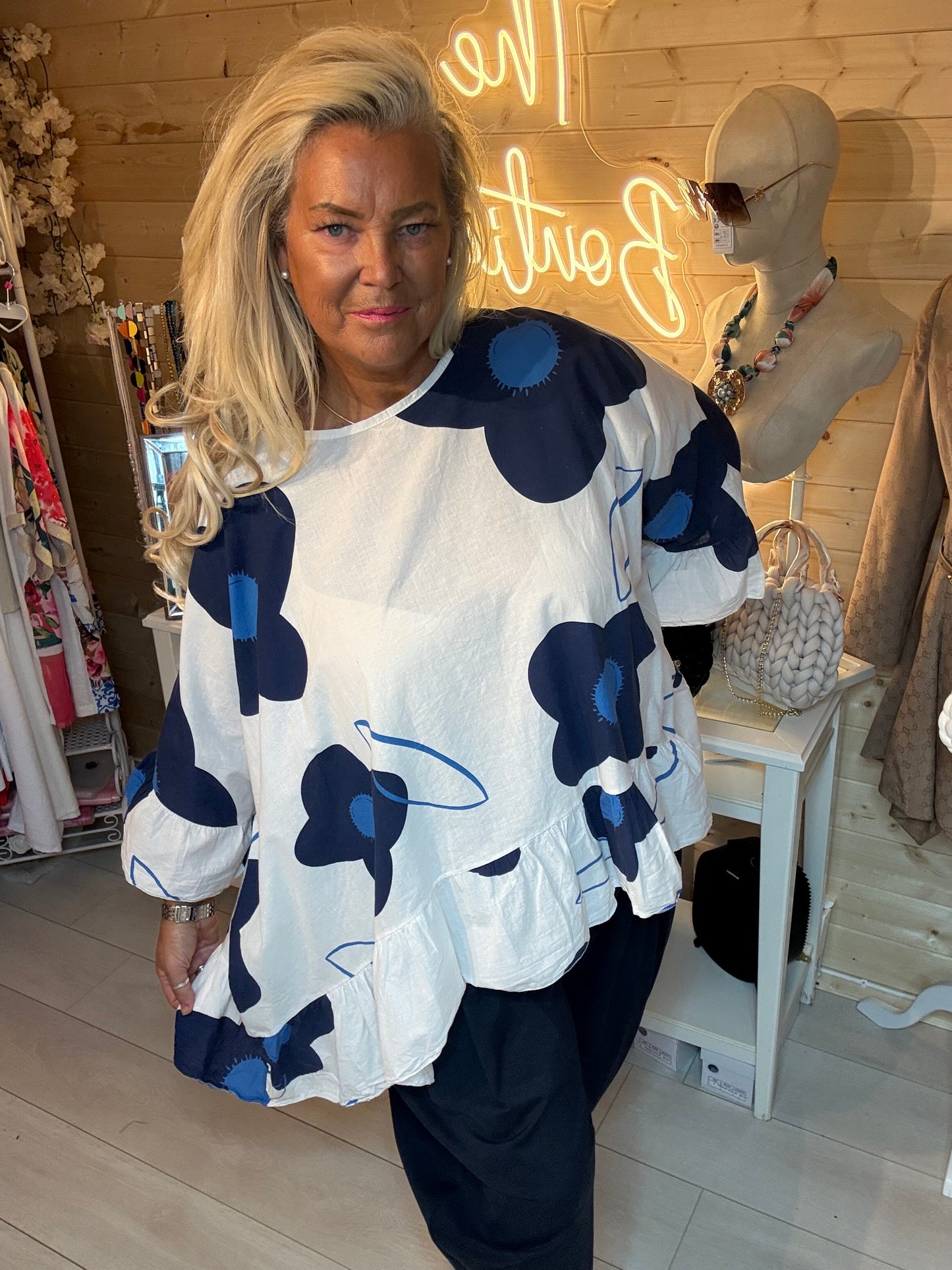 Capella Navy Floral Ruffle Top | One Size 12-22
