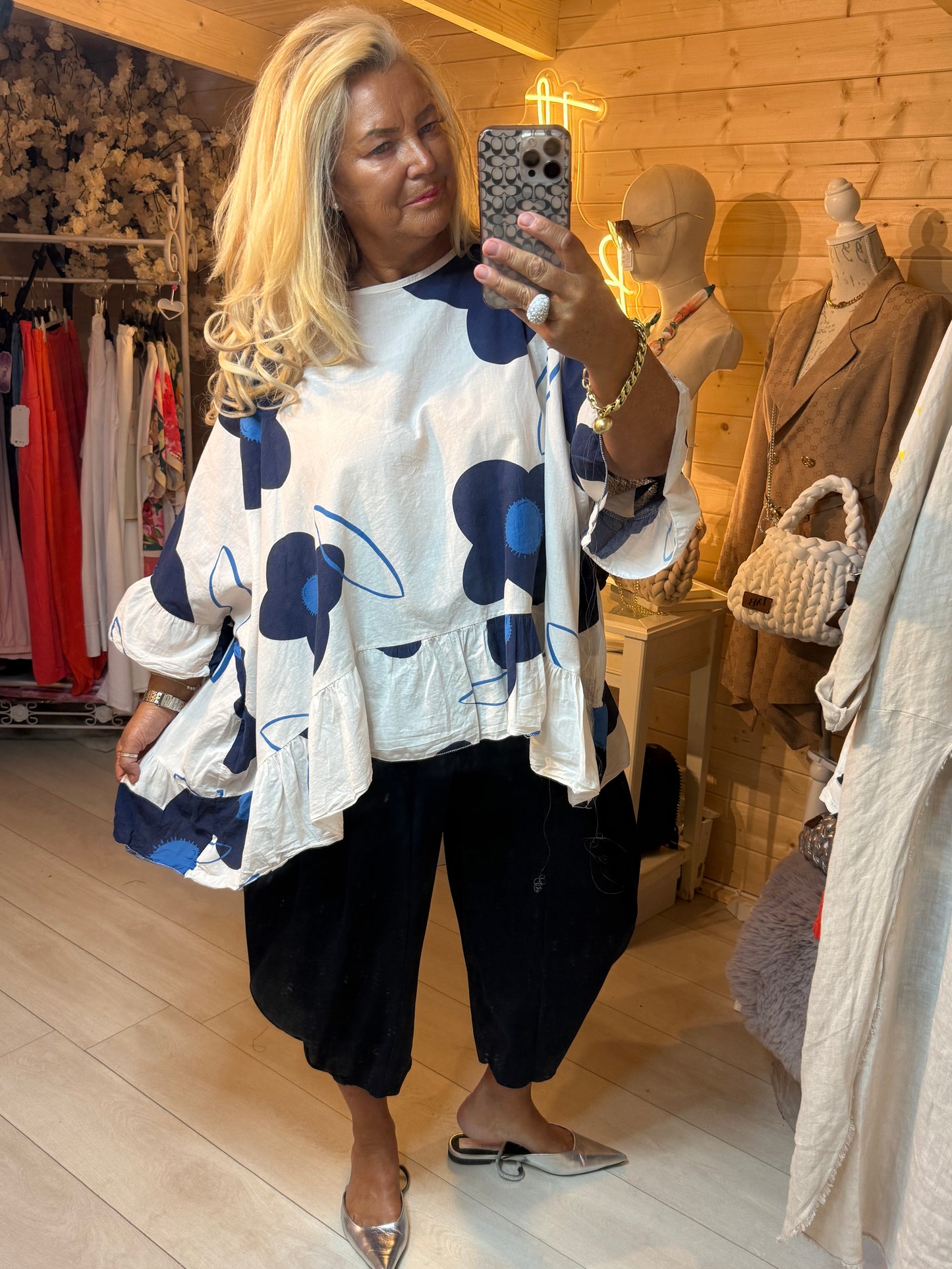 Capella Navy Floral Ruffle Top | One Size 12-22