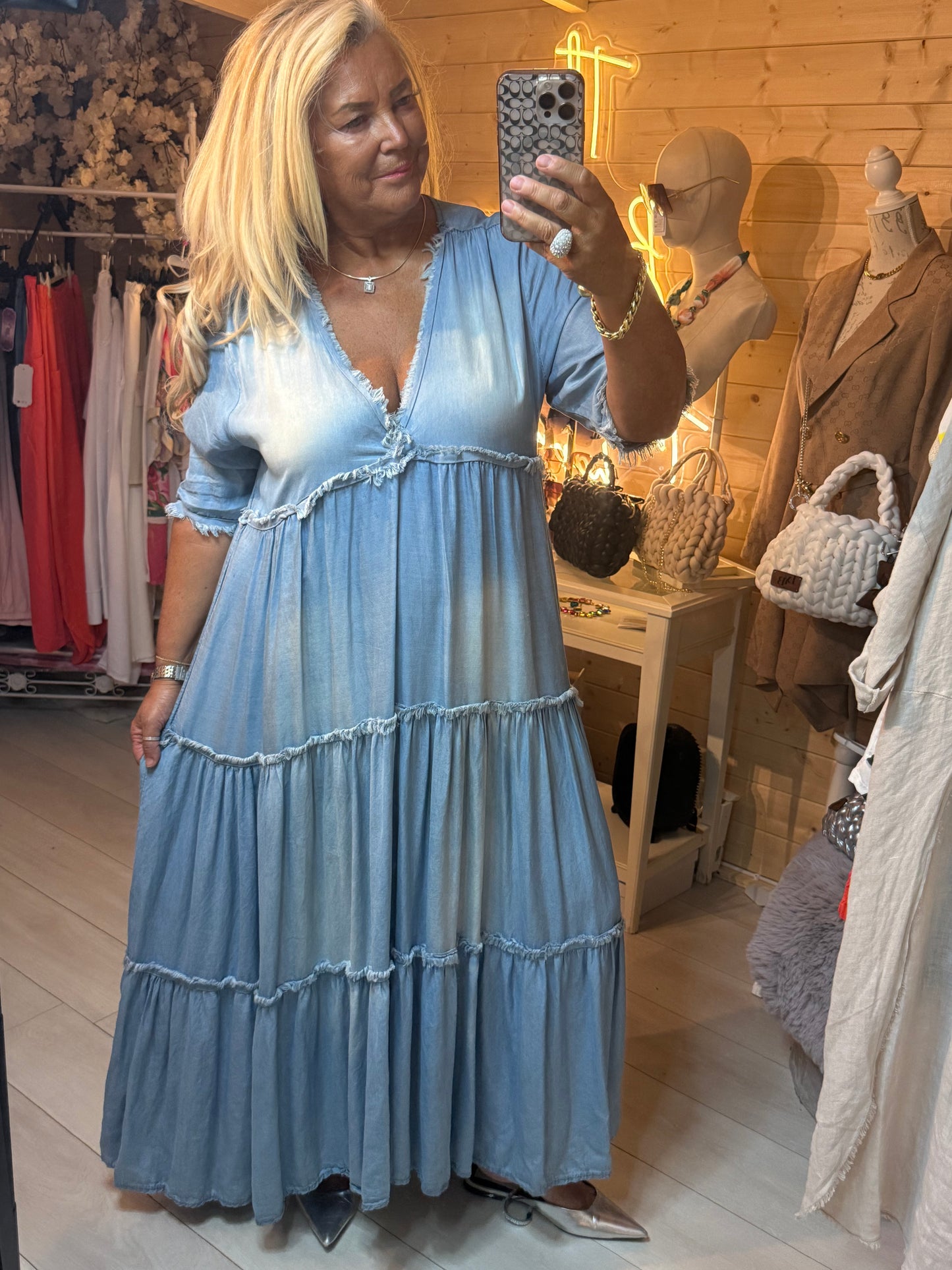 Riviera Denim Boho Tiered Maxi Dress | One Size 12-18
