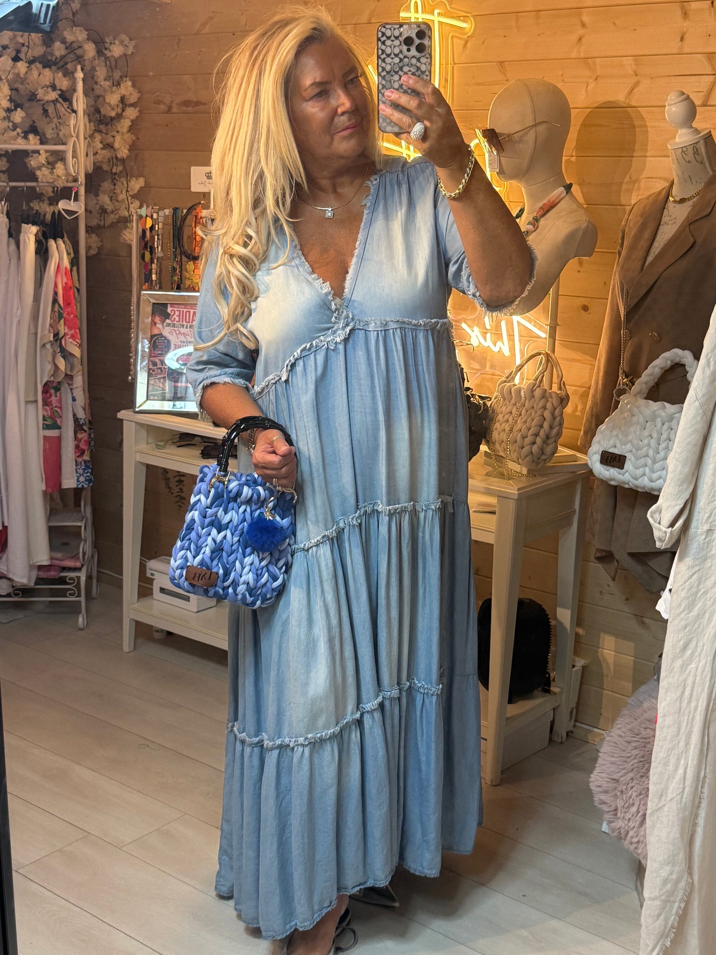 Riviera Denim Boho Tiered Maxi Dress | One Size 12-18
