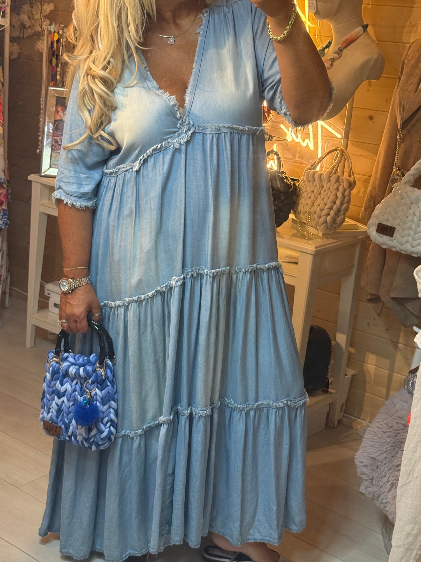 Riviera Denim Boho Tiered Maxi Dress | One Size 12-18