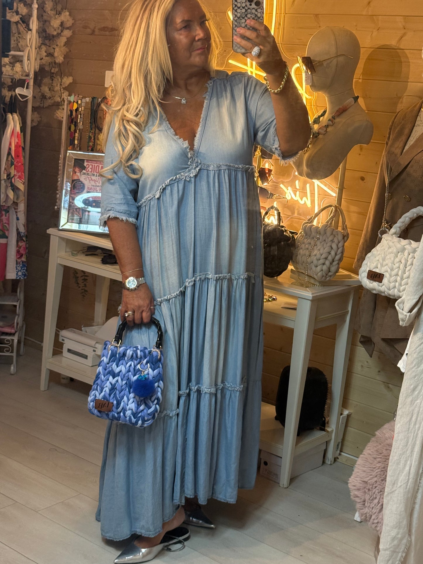 Riviera Denim Boho Tiered Maxi Dress | One Size 12-18
