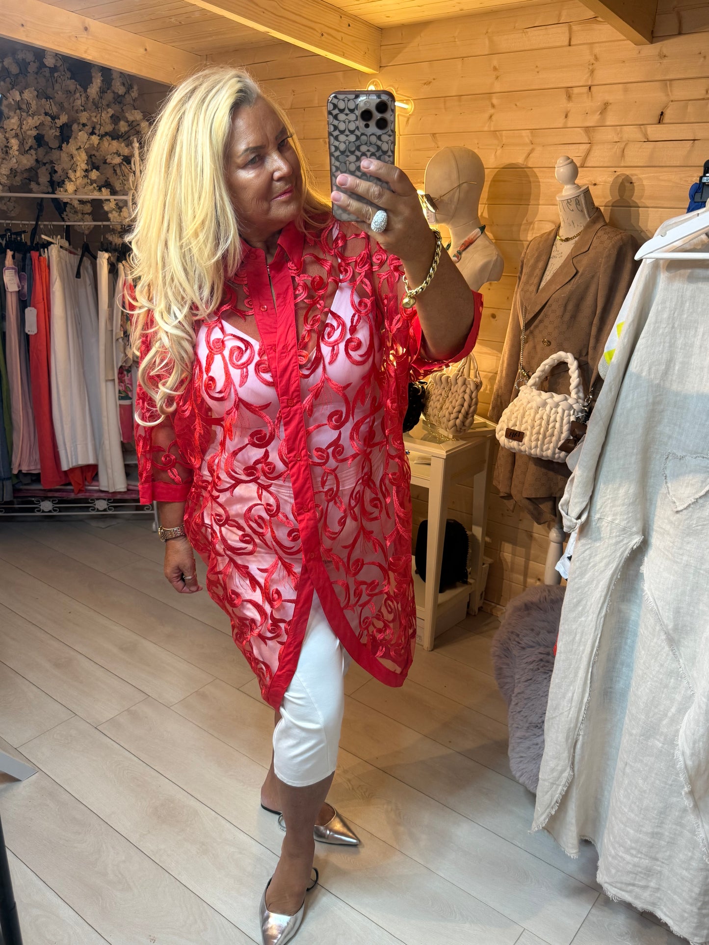 Scarlett Red Embroidered Lace Shirt Jacket | One Size 8-20