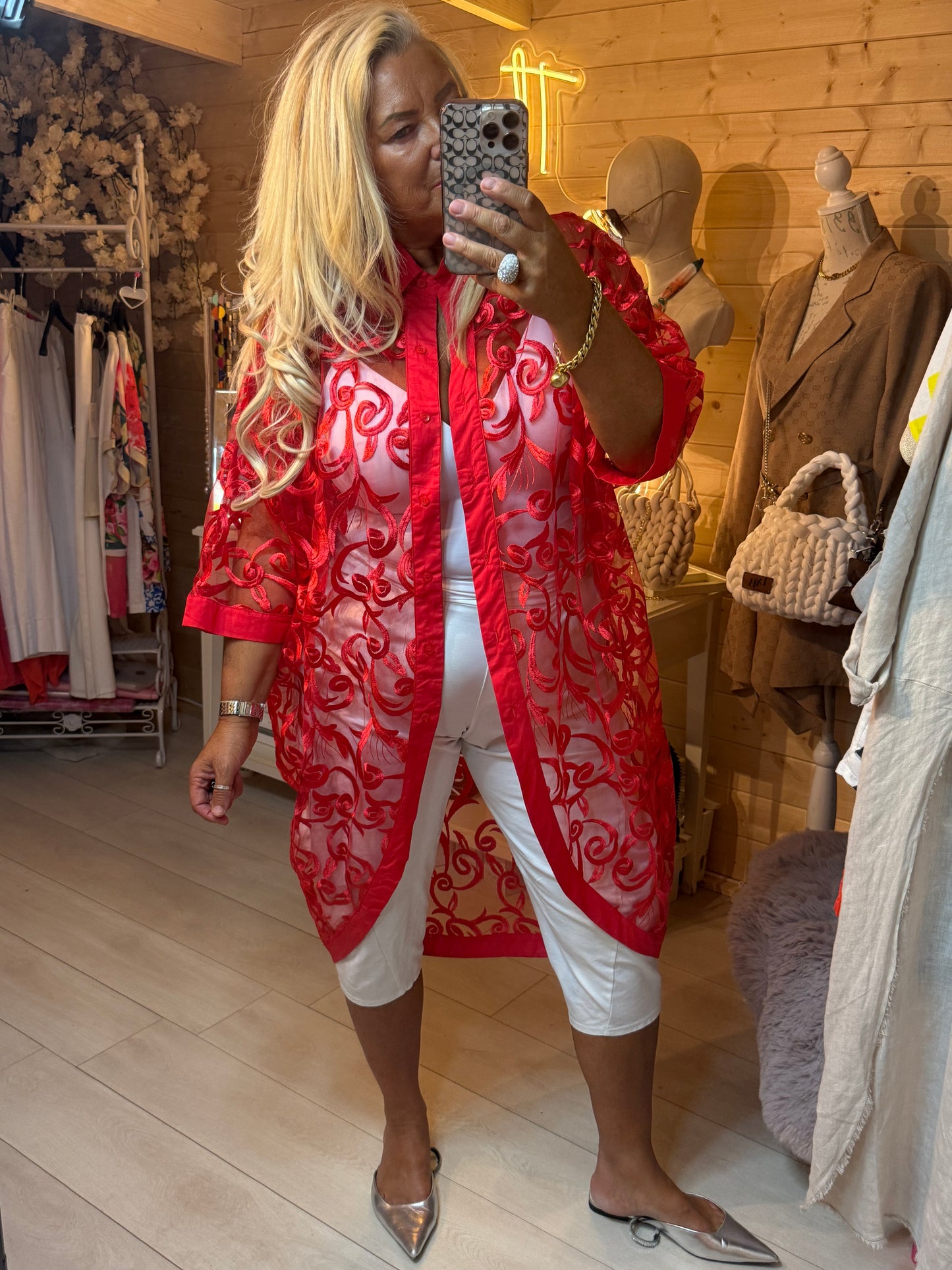 Scarlett Red Embroidered Lace Shirt Jacket | One Size 8-20
