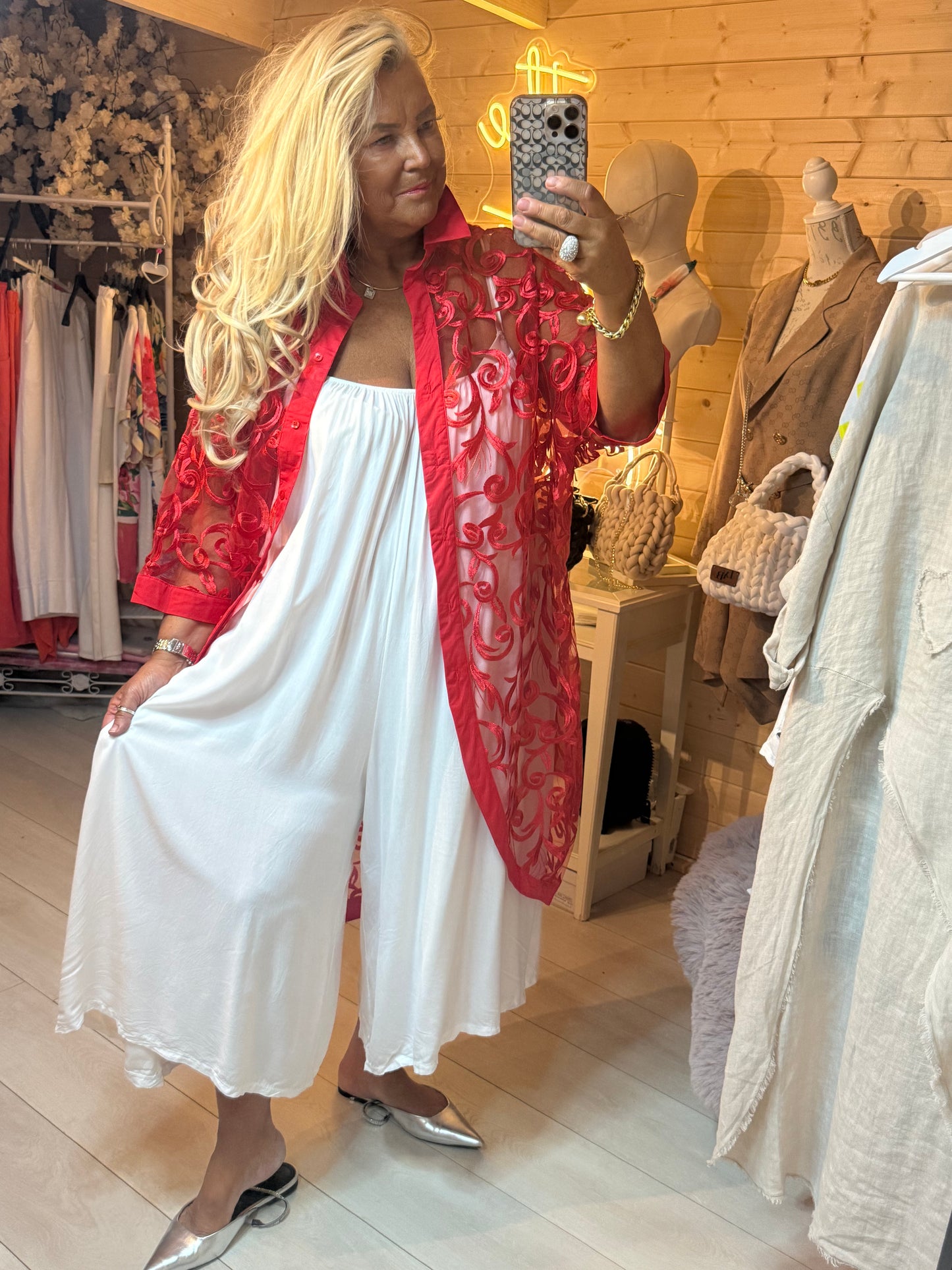Scarlett Red Embroidered Lace Shirt Jacket | One Size 8-20