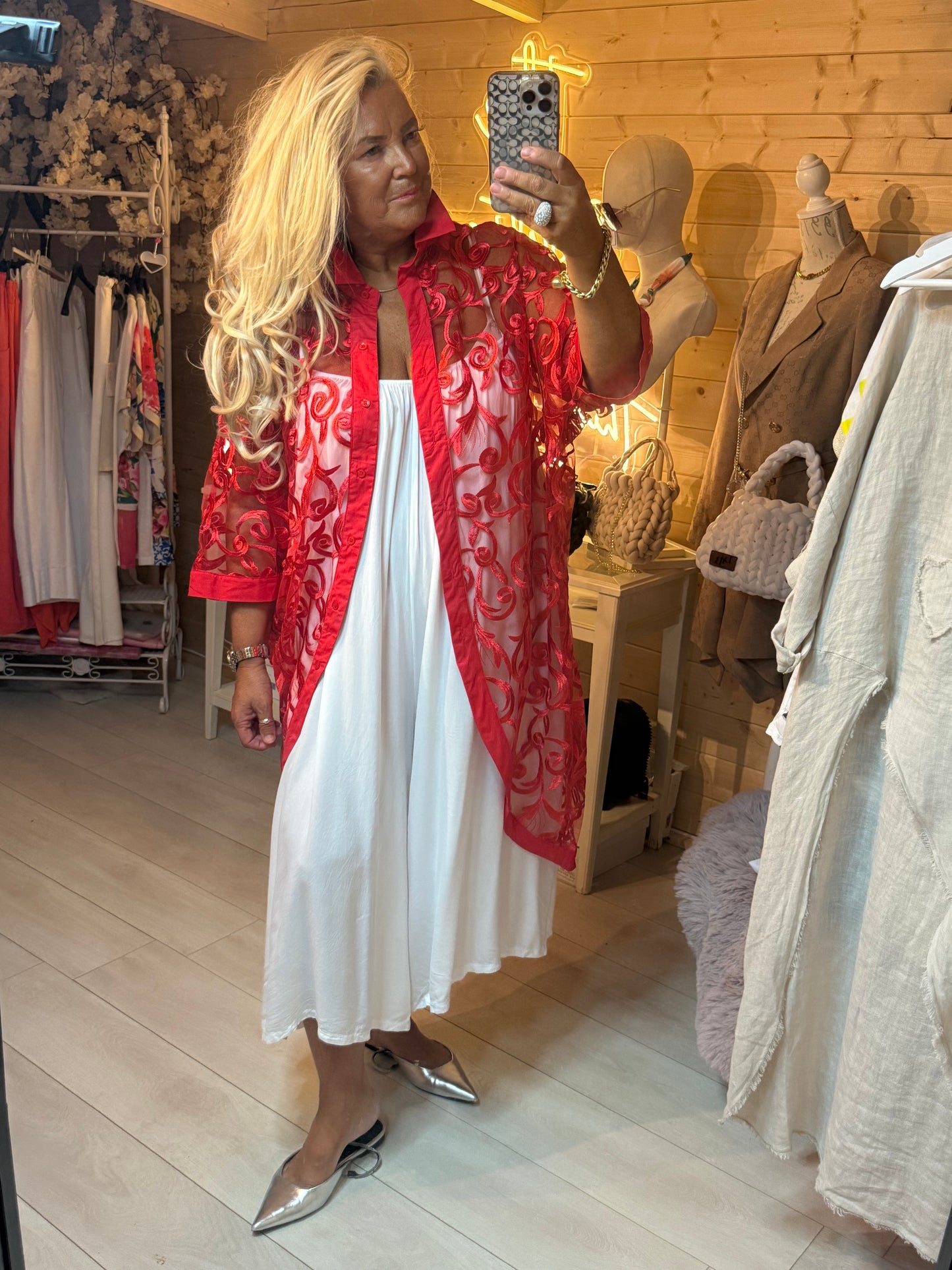 Scarlett Red Embroidered Lace Shirt Jacket | One Size 8-20