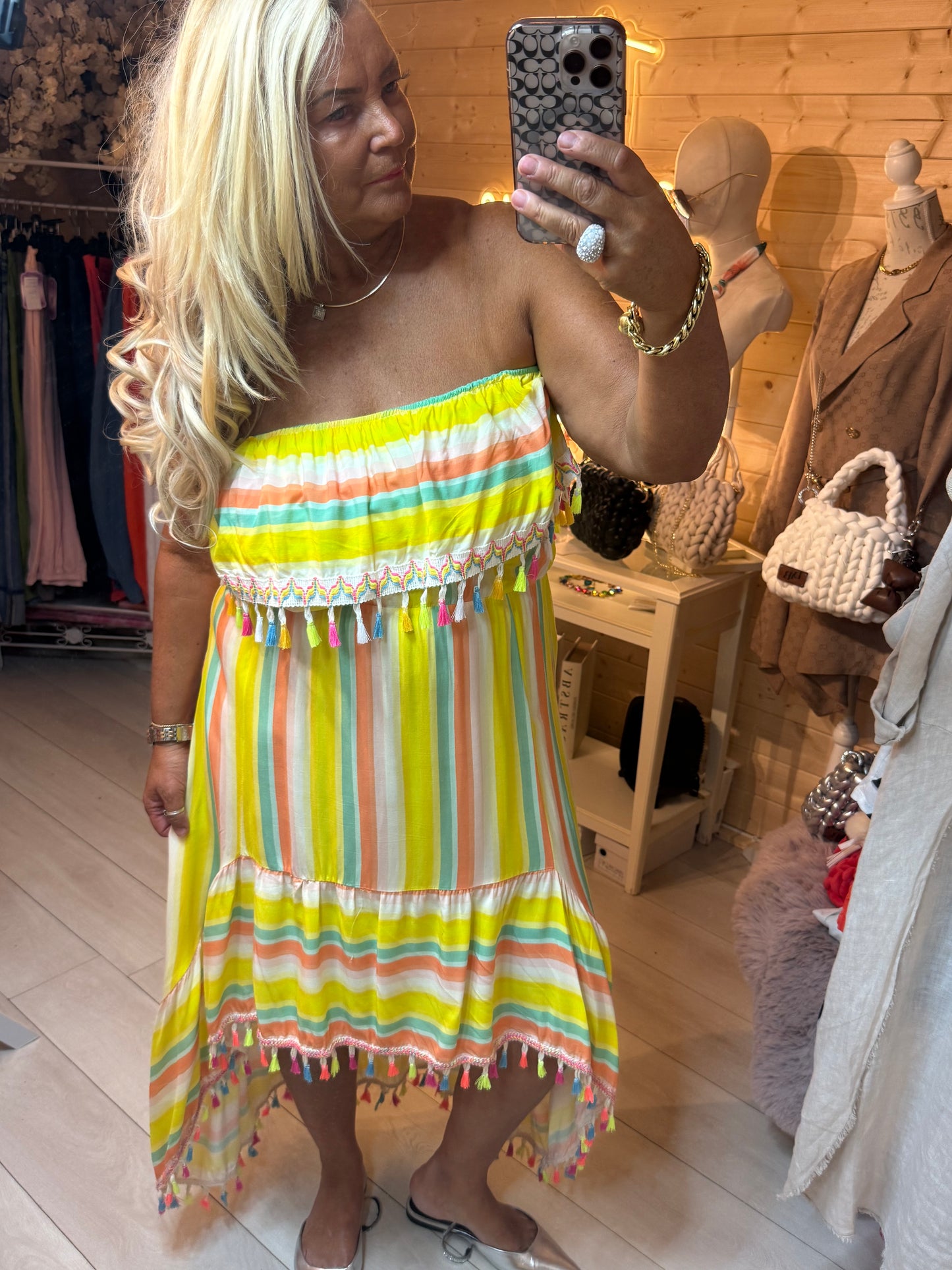 Fiesta Rainbow Stripe Bardot Tassel Dress | One Size 8-16