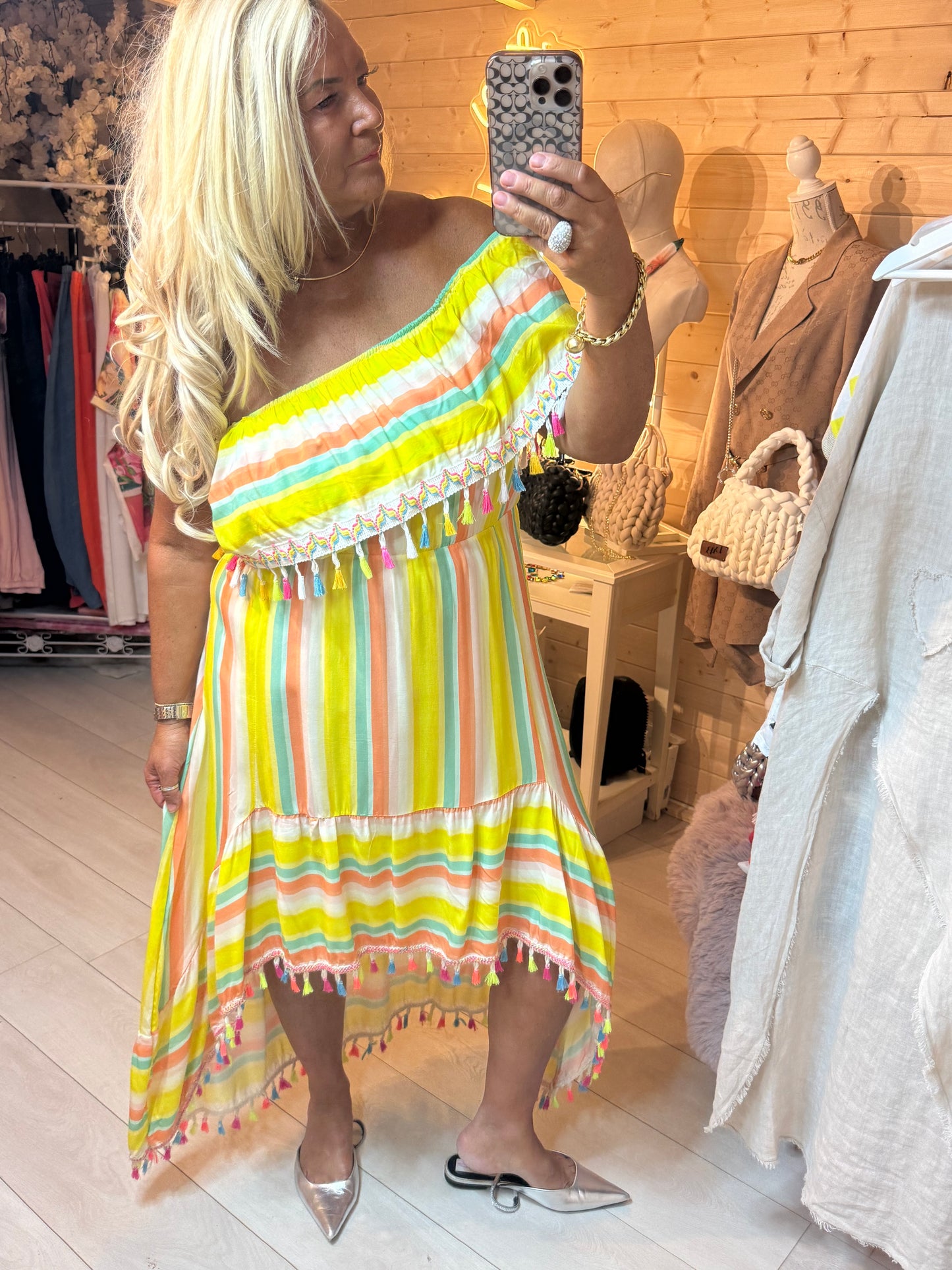 Fiesta Rainbow Stripe Bardot Tassel Dress | One Size 8-16