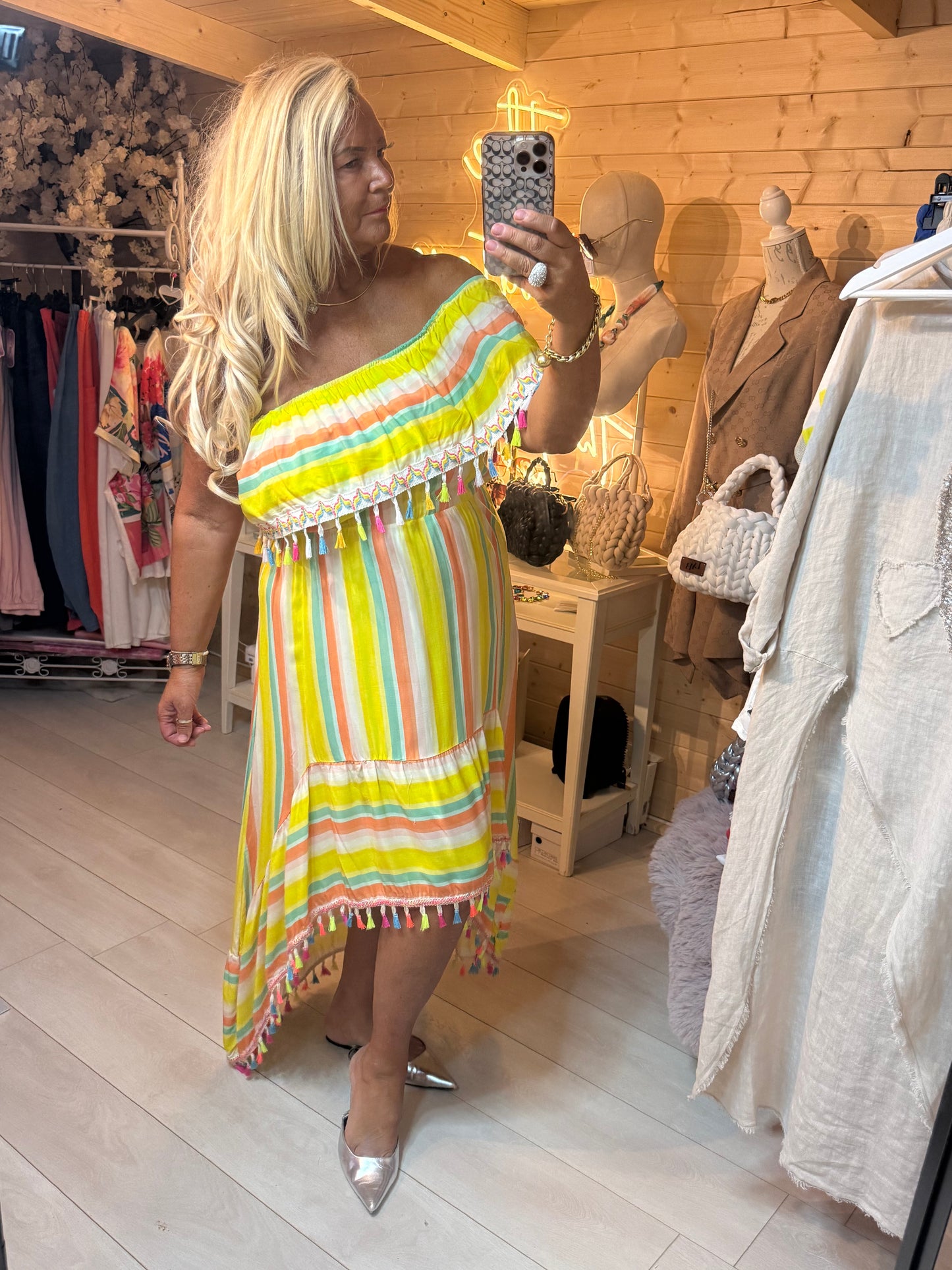 Fiesta Rainbow Stripe Bardot Tassel Dress | One Size 8-16
