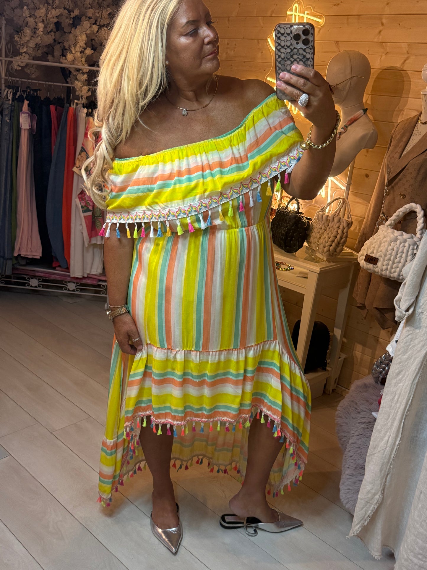 Fiesta Rainbow Stripe Bardot Tassel Dress | One Size 8-16
